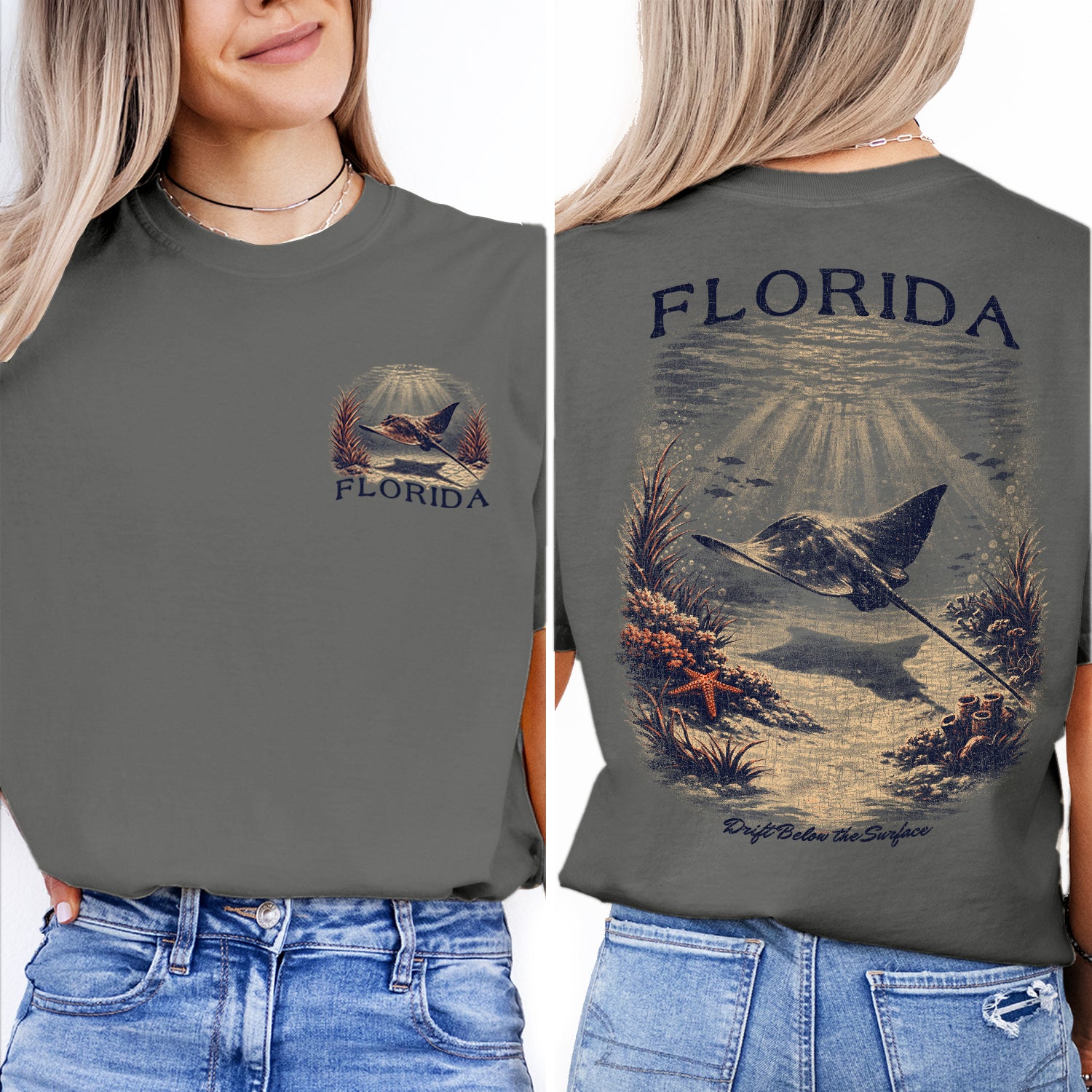 Florida Stingray Shirt, Ocean Wildlife Tee, Coastal Beach T-Shirt, Vintage Marine Life Graphic, Underwater Sea Ray Travel Shirt