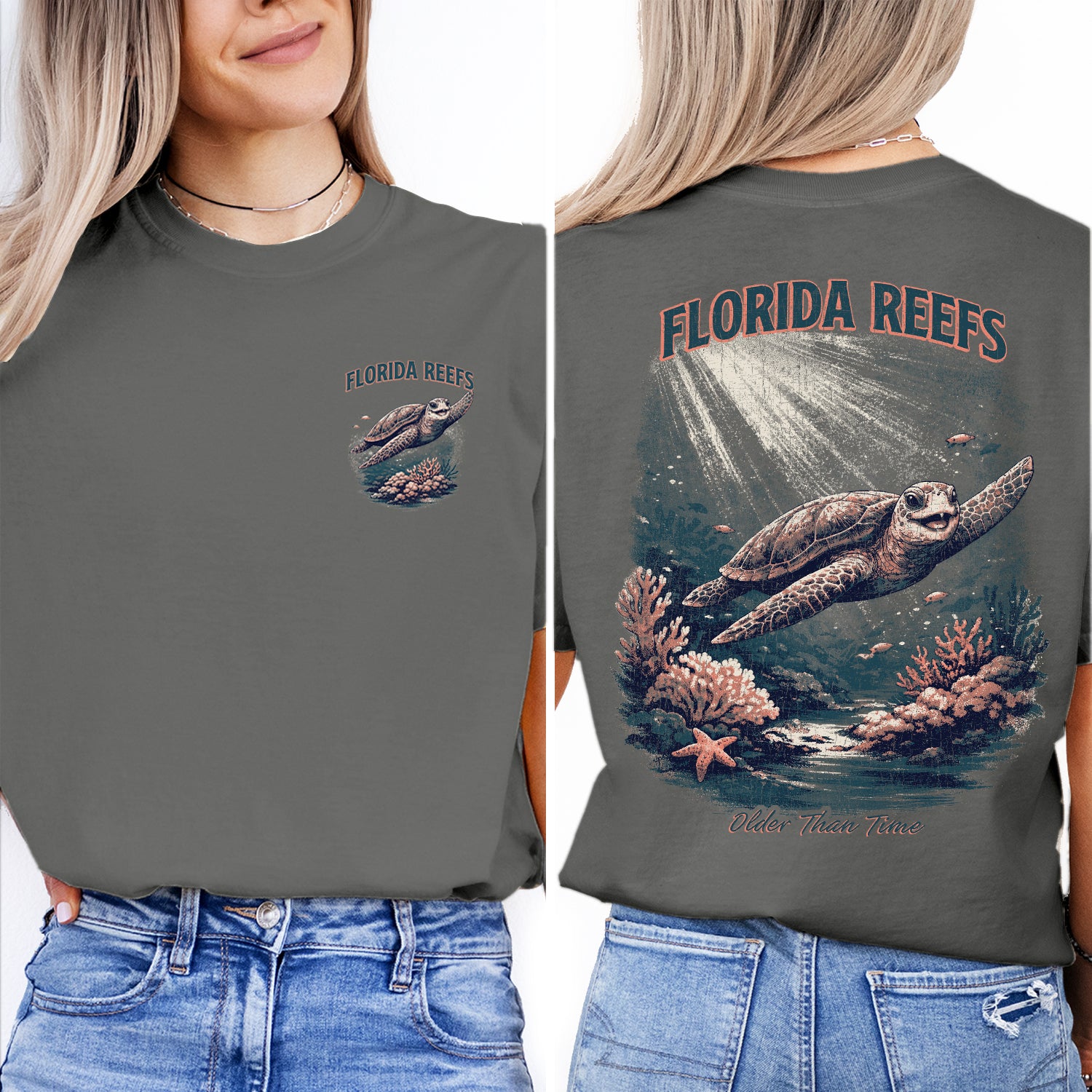Florida Reefs Sea Turtle T-Shirt, Vintage Ocean Graphic Tee, Beach Coastal Shirt, Marine Life Summer Vacation Tee