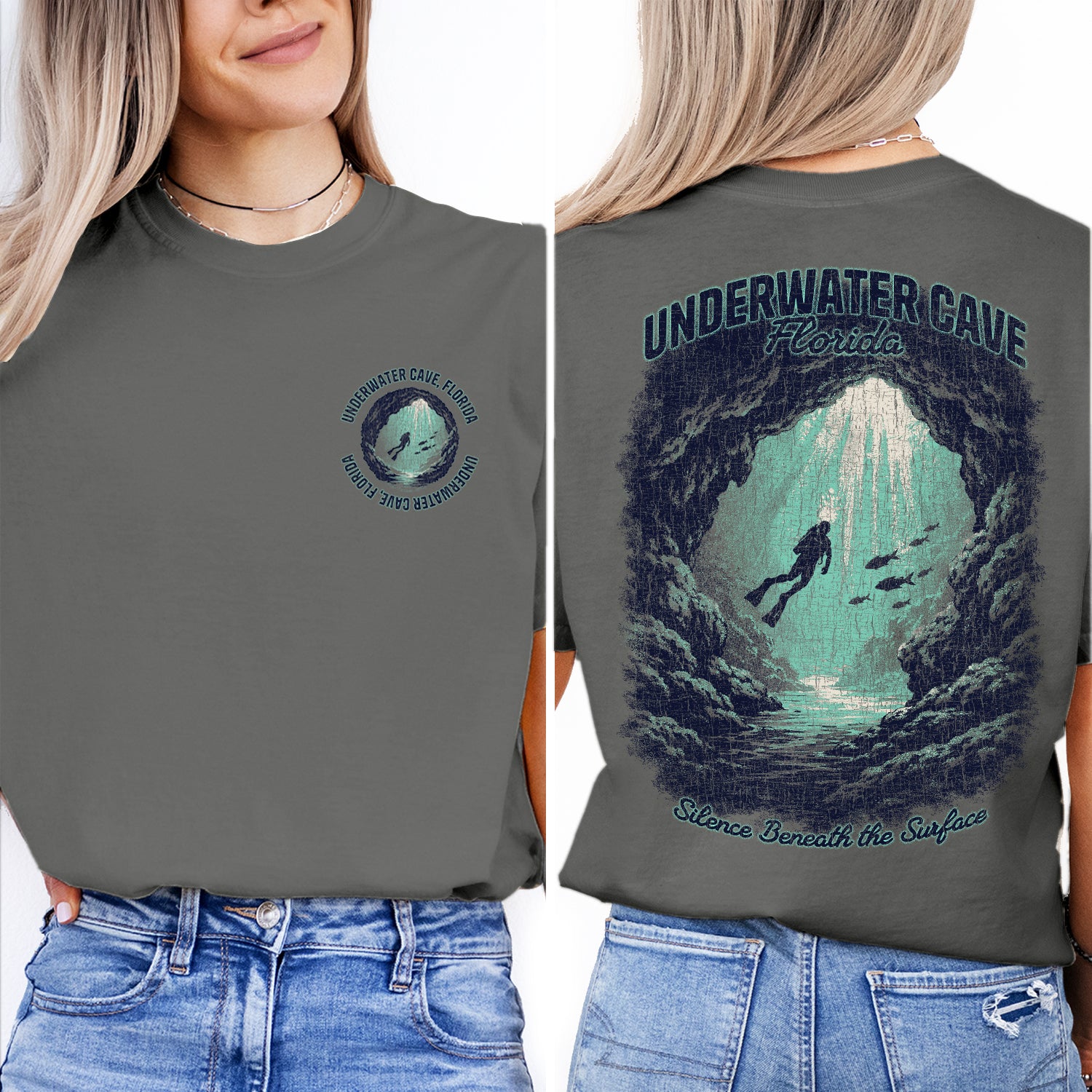 Underwater Cave Florida T-Shirt Vintage Scuba Diving Tee Ocean Explorer Graphic Marine Adventure Shirt