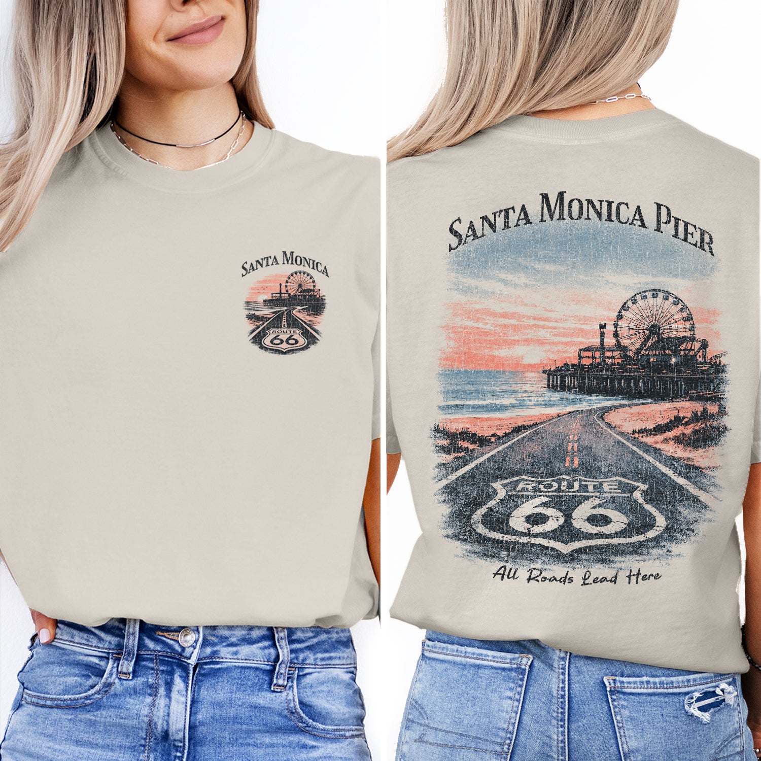 Santa Monica Pier Route 66 Shirt, California Beach Tee, Vintage Coastal T-Shirt, Retro Travel Graphic, Ocean Sunset Tee