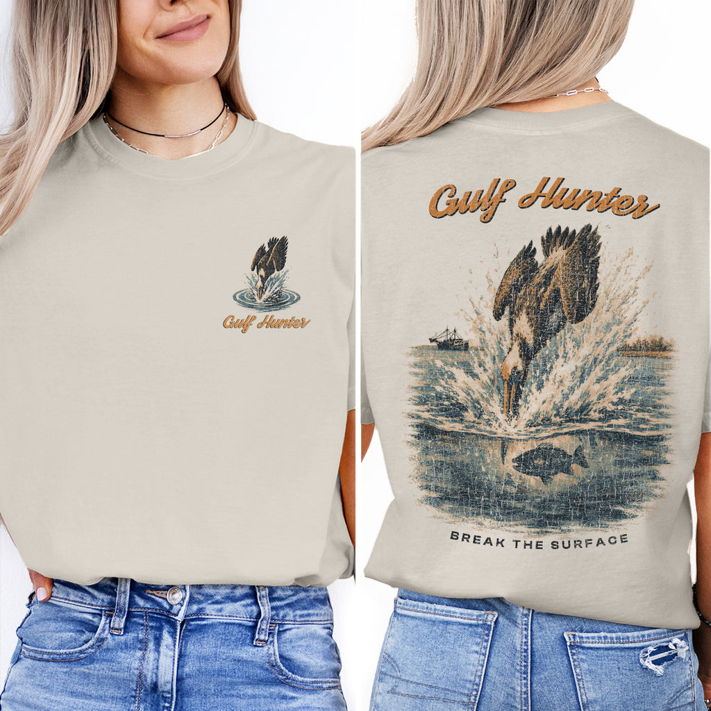 Gulf Hunter Pelican Fishing T-Shirt, Vintage Coastal Bird Tee, Ocean Fishing Graphic Shirt, Beach Fisherman Gift Tee