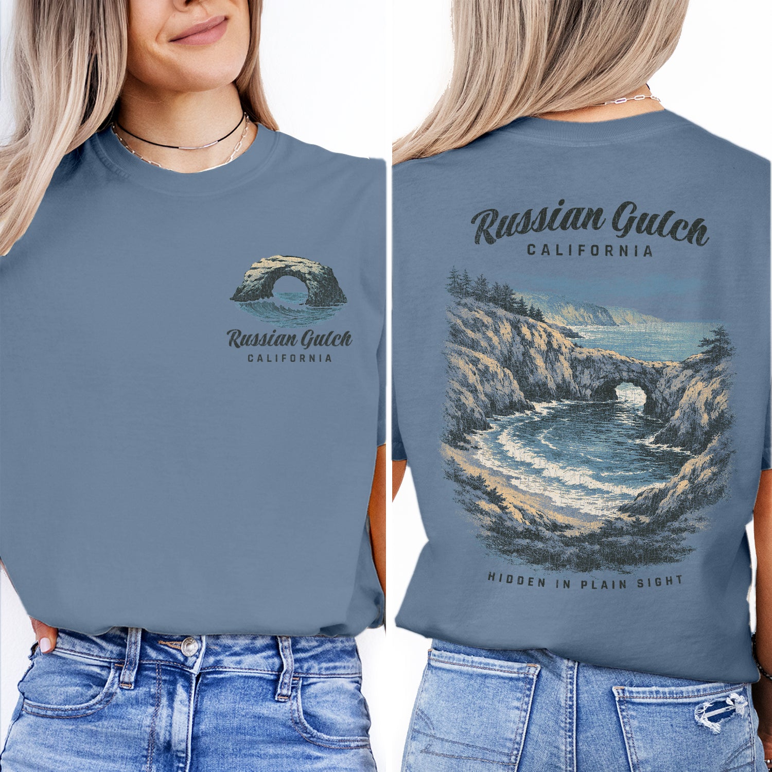 Russian Gulch California Shirt, Coastal Cliff Tee, Ocean Cove T-Shirt, Vintage Travel Graphic, Scenic Beach Nature Shirt