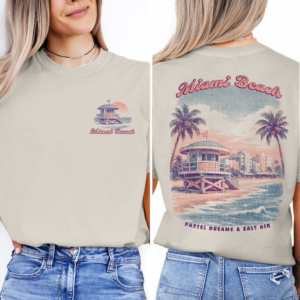 Miami Beach Vintage T-Shirt Retro Coastal Tee Pastel Surf Art Shirt Florida Vacation Graphic Beach Lover Gift
