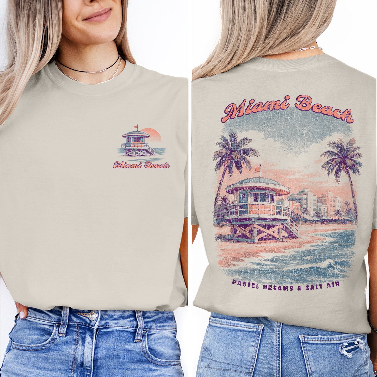 Miami Beach Vintage T-Shirt Retro Coastal Tee Pastel Surf Art Shirt Florida Vacation Graphic Beach Lover Gift