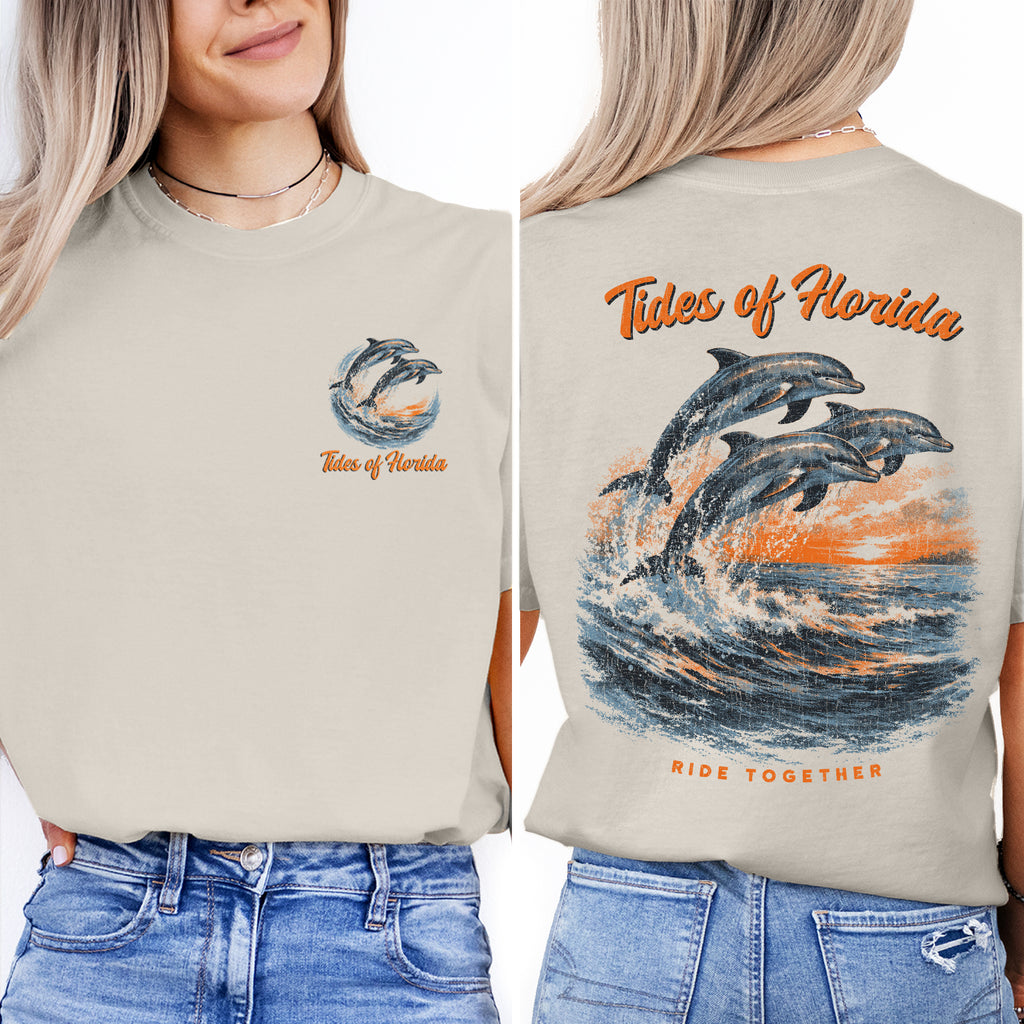 Florida Dolphin T-Shirt Vintage Ocean Sunset Tee Coastal Marine Life Graphic Beach Vacation Shirt