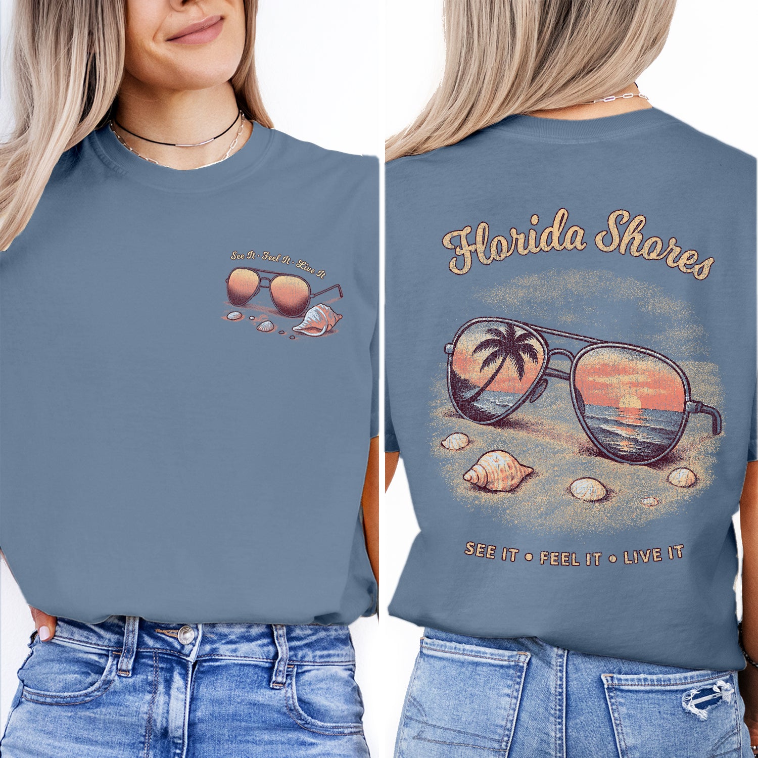 Florida Shores T-Shirt, Beach Sunset Reflection Tee, Coastal Vacation Souvenir Shirt, Retro Summer Graphic Top