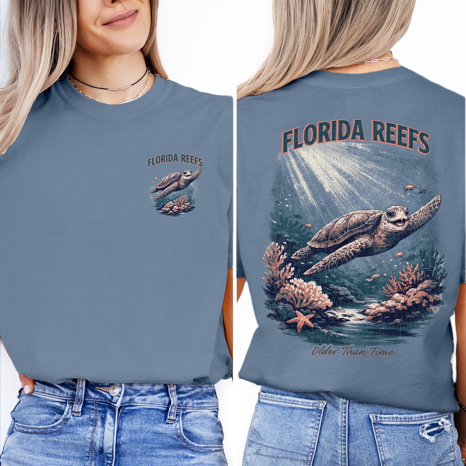 Florida Reefs Sea Turtle T-Shirt, Vintage Ocean Graphic Tee, Beach Coastal Shirt, Marine Life Summer Vacation Tee