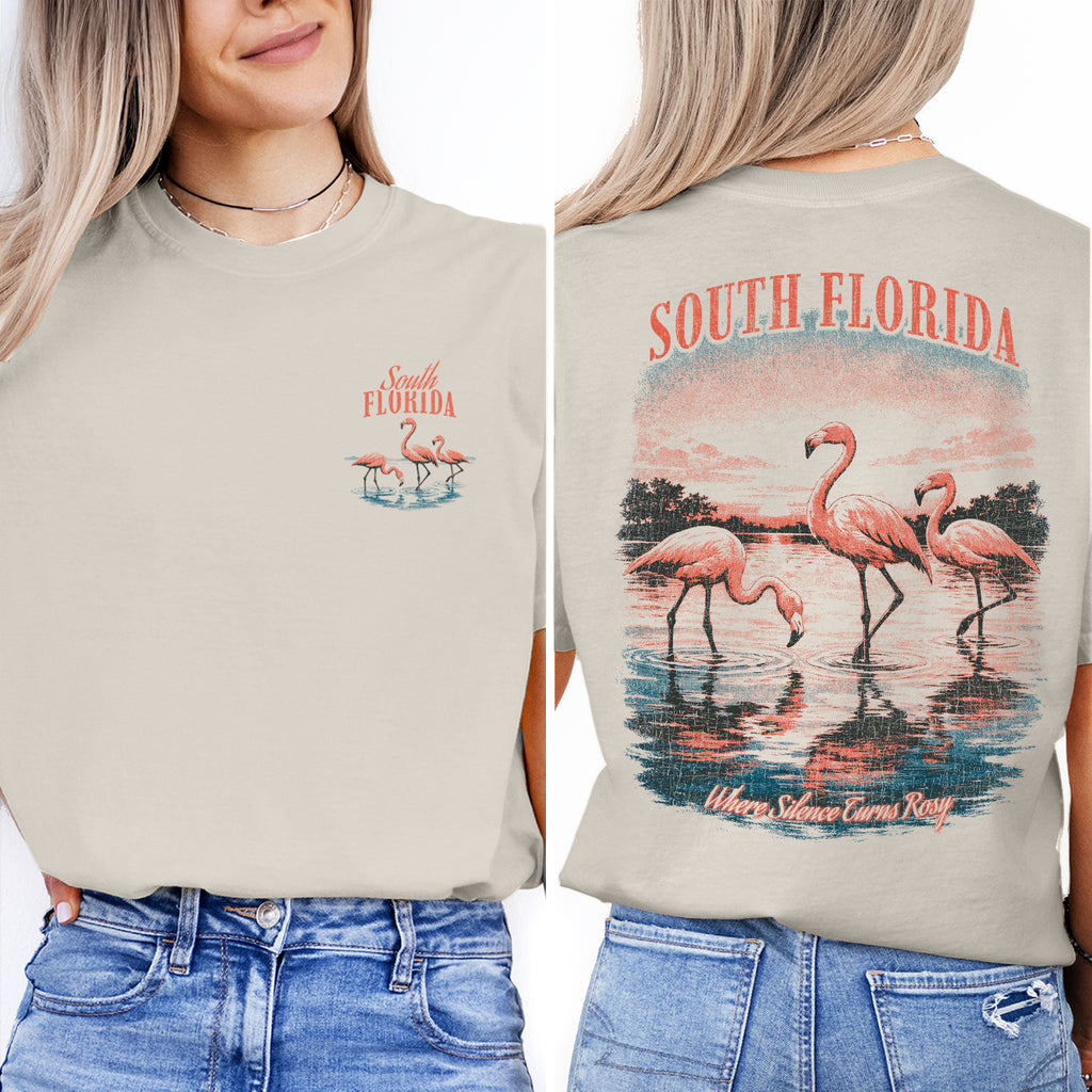 South Florida Flamingo T-Shirt Vintage Coastal Bird Tee Tropical Sunset Beach Graphic Summer Vacation Shirt