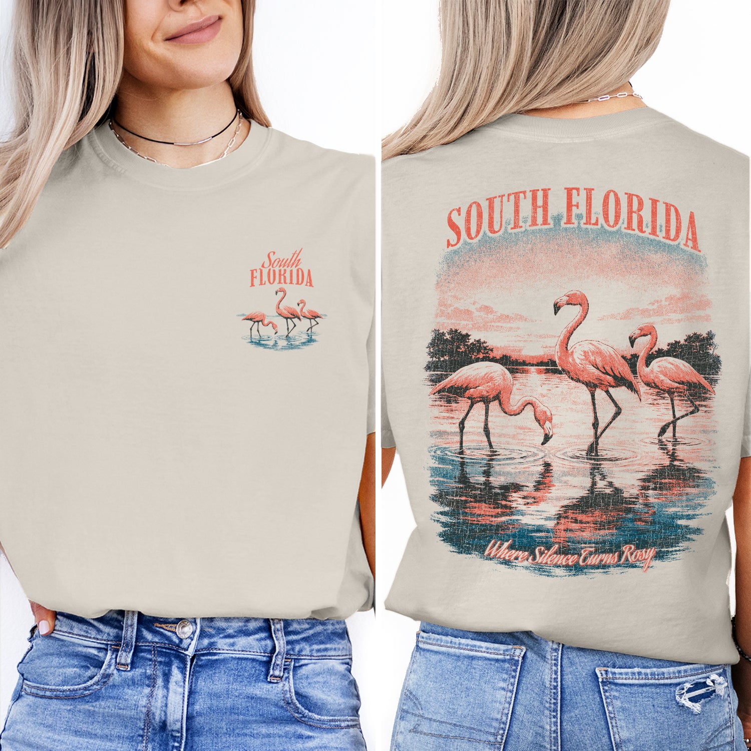 South Florida Flamingo T-Shirt Vintage Coastal Bird Tee Tropical Sunset Beach Graphic Summer Vacation Shirt