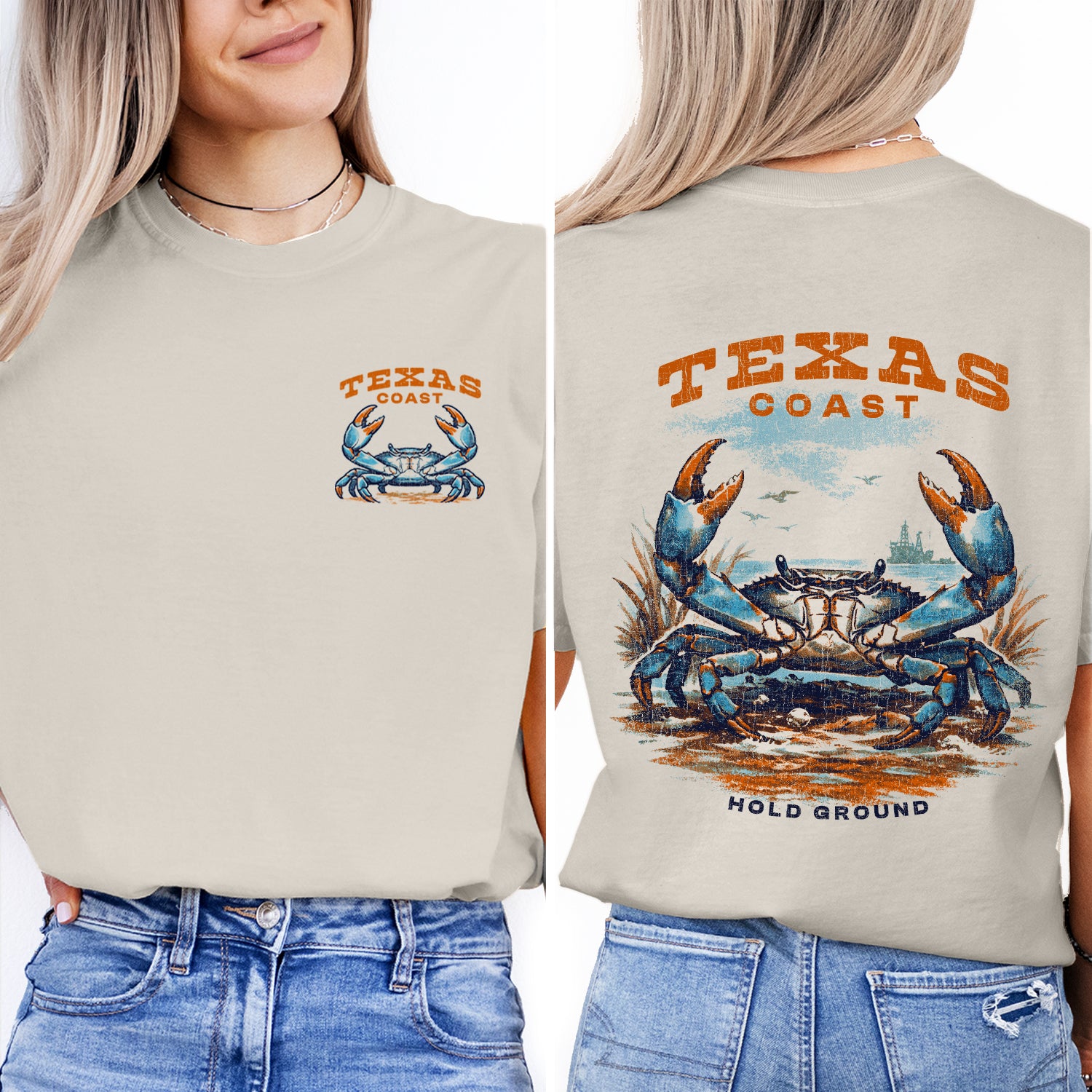 Texas Coast Crab T-Shirt Vintage Beach Graphic Tee, Coastal Gulf Shirt, Retro Ocean Wildlife Tee Hold Ground Shirt