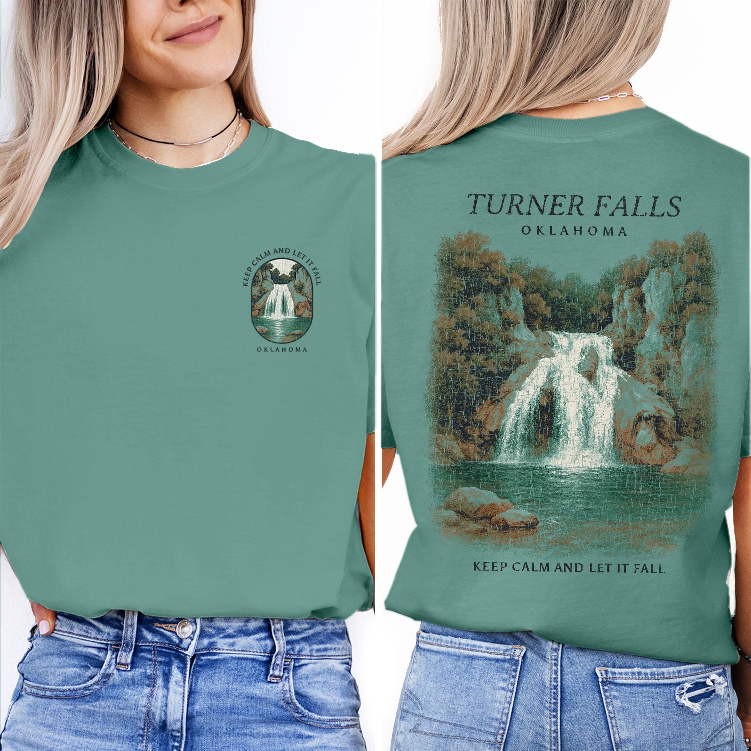 Turner Falls Oklahoma T-Shirt Vintage Waterfall Tee | Oklahoma Souvenir Shirt | Nature Travel Graphic Keep Calm and Let It Fall