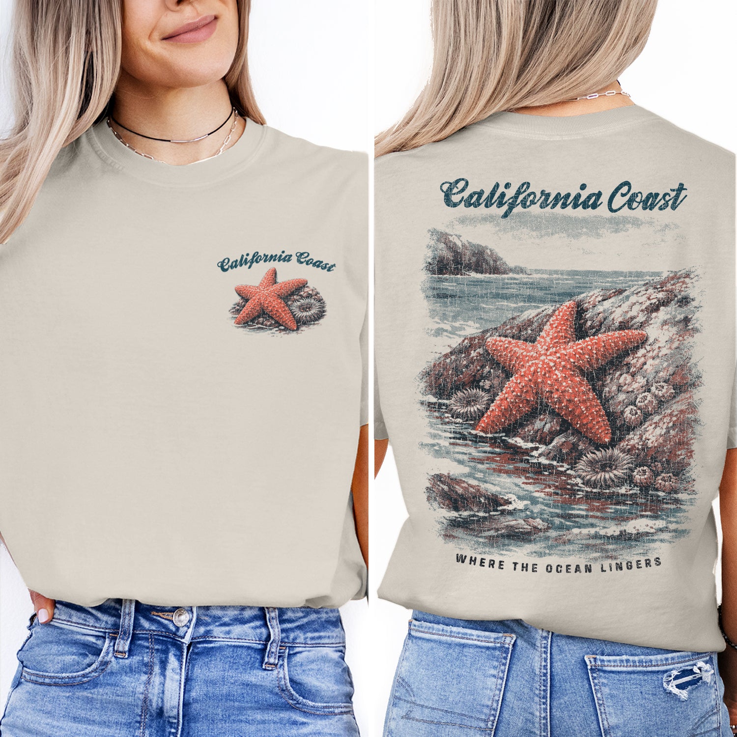 California Coast Starfish T-Shirt Vintage Beach Graphic Tee, Coastal Ocean Shirt, Retro Seaside Nature Tee Where Ocean Lingers