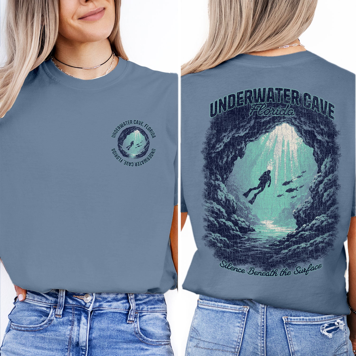 Underwater Cave Florida T-Shirt Vintage Scuba Diving Tee Ocean Explorer Graphic Marine Adventure Shirt