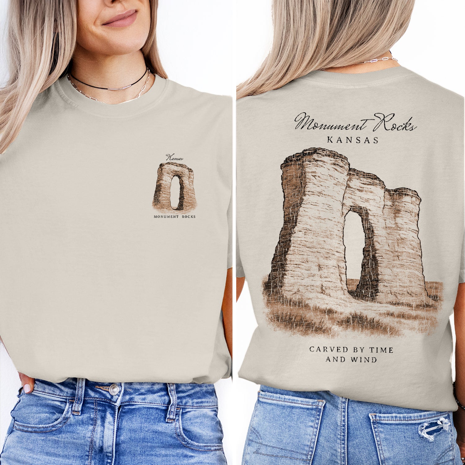 Monument Rocks Kansas T-Shirt Vintage Travel Tee | Kansas Landmark Souvenir Shirt | Prairie Rock Formation Nature Graphic Tee