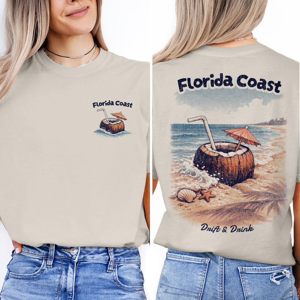 Florida Coast Coconut T-Shirt Vintage Beach Graphic Tee, Tropical Vacation Shirt, Retro Ocean Summer Tee Drift & Drink