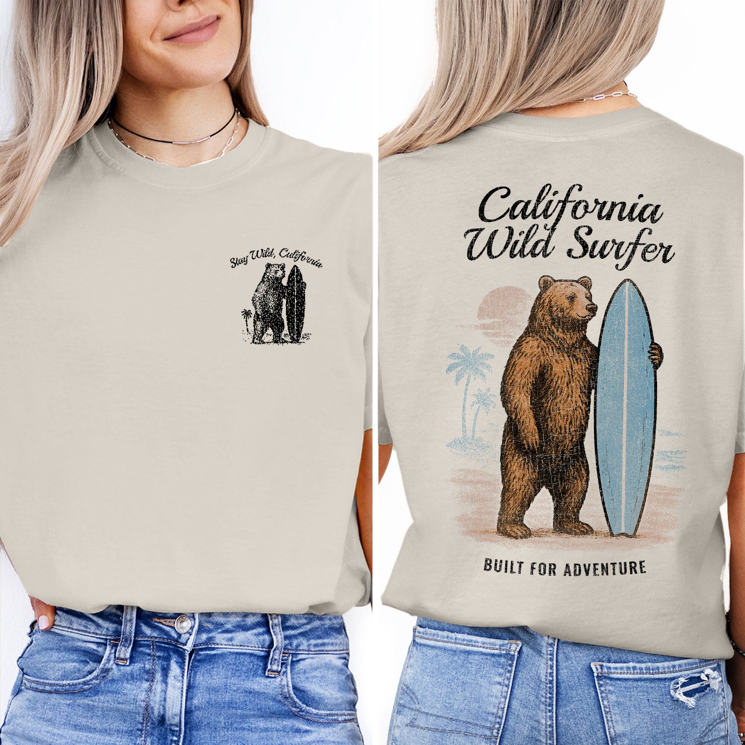 California Wild Surfer T-Shirt, Bear Surfing Tee, Stay Wild California Shirt, Vintage Coastal Adventure Graphic Tee