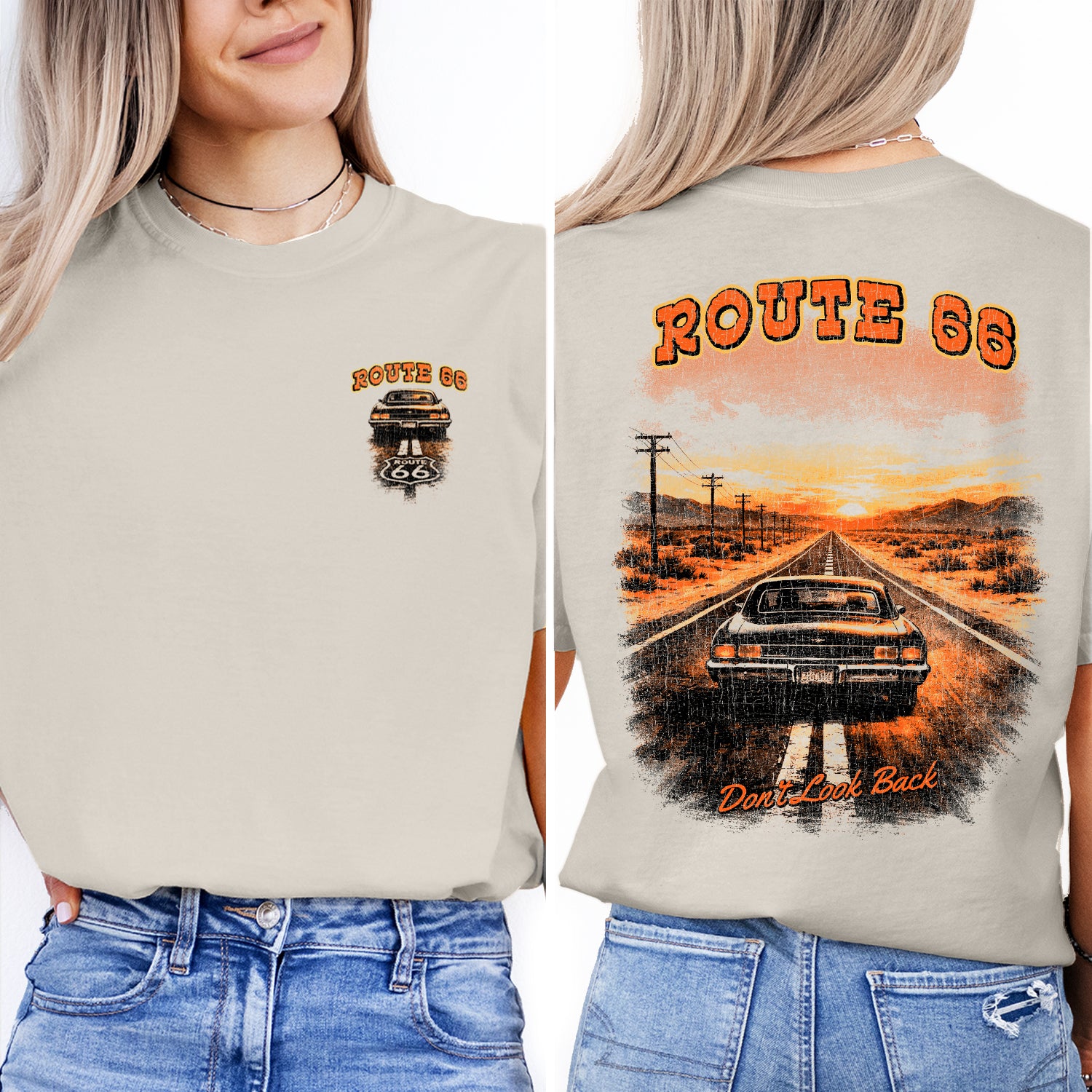 Route 66 Vintage Road Trip T-Shirt Retro Desert Highway Tee Classic Car Travel Graphic Adventure Shirt