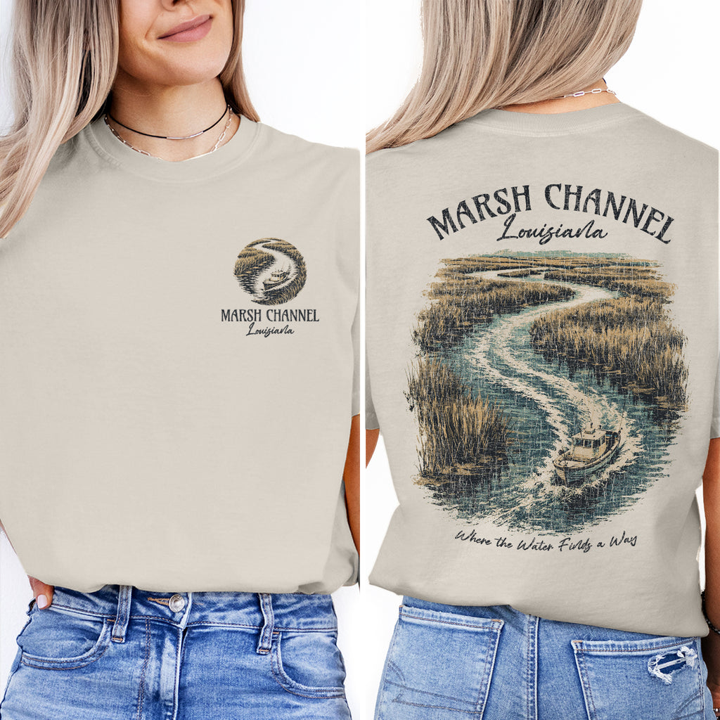 Marsh Channel Louisiana Shirt, Coastal Bayou Boat Tee, Vintage Fishing T-Shirt, Gulf Coast Nature Graphic Tee