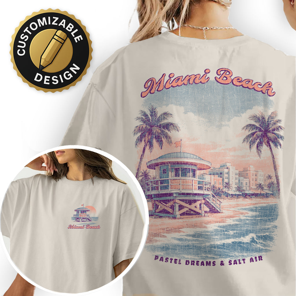 Miami Beach Vintage T-Shirt Retro Coastal Tee Pastel Surf Art Shirt Florida Vacation Graphic Beach Lover Gift