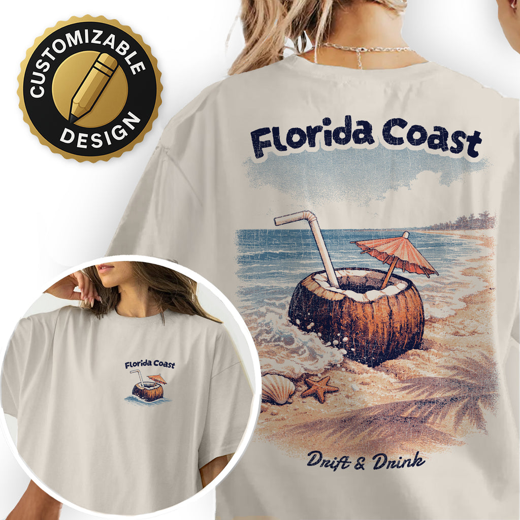 Florida Coast Coconut T-Shirt Vintage Beach Graphic Tee, Tropical Vacation Shirt, Retro Ocean Summer Tee Drift & Drink