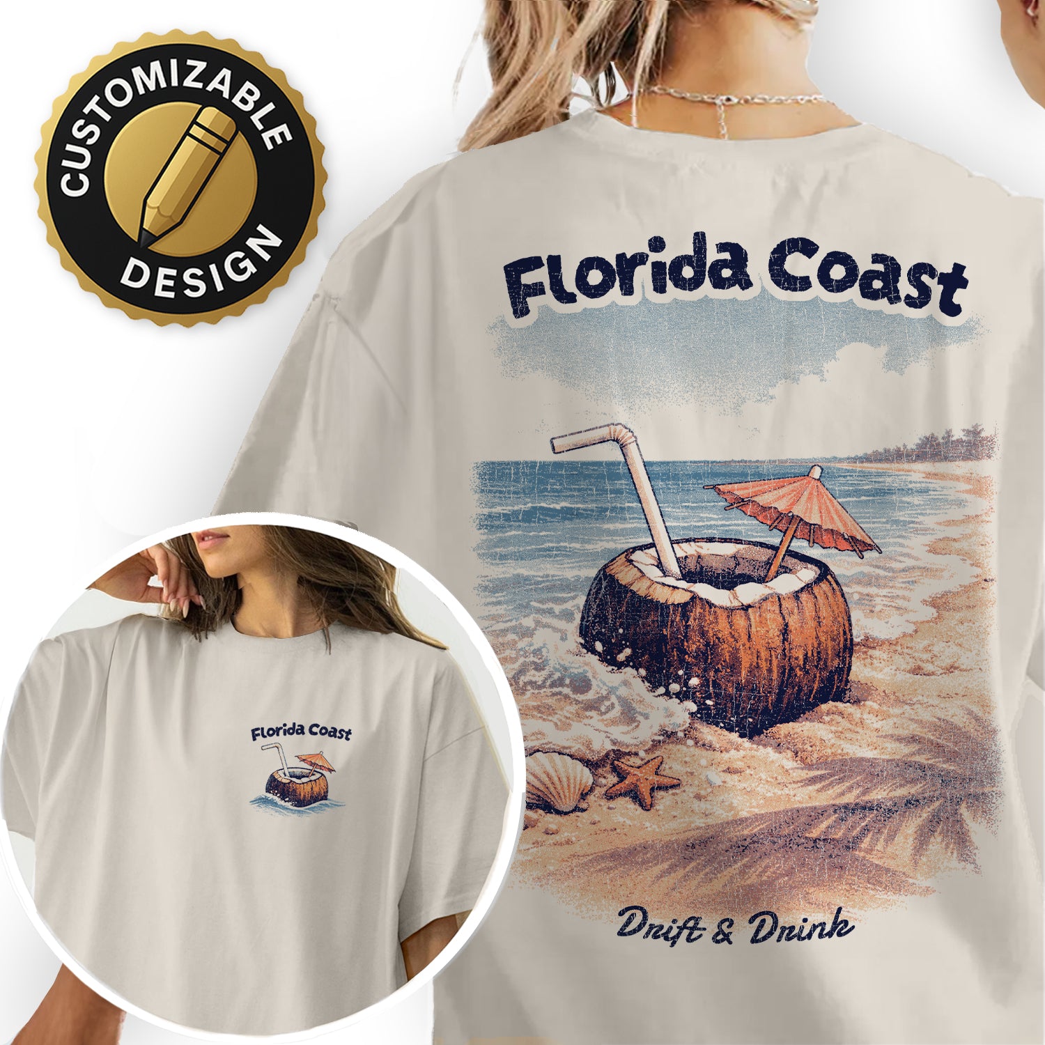 Florida Coast Coconut T-Shirt Vintage Beach Graphic Tee, Tropical Vacation Shirt, Retro Ocean Summer Tee Drift & Drink