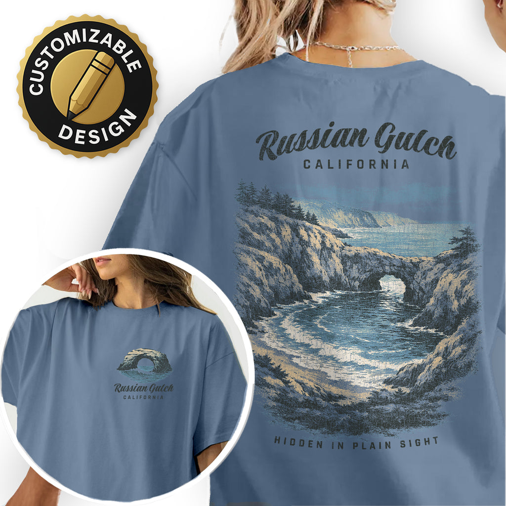 Russian Gulch California Shirt, Coastal Cliff Tee, Ocean Cove T-Shirt, Vintage Travel Graphic, Scenic Beach Nature Shirt