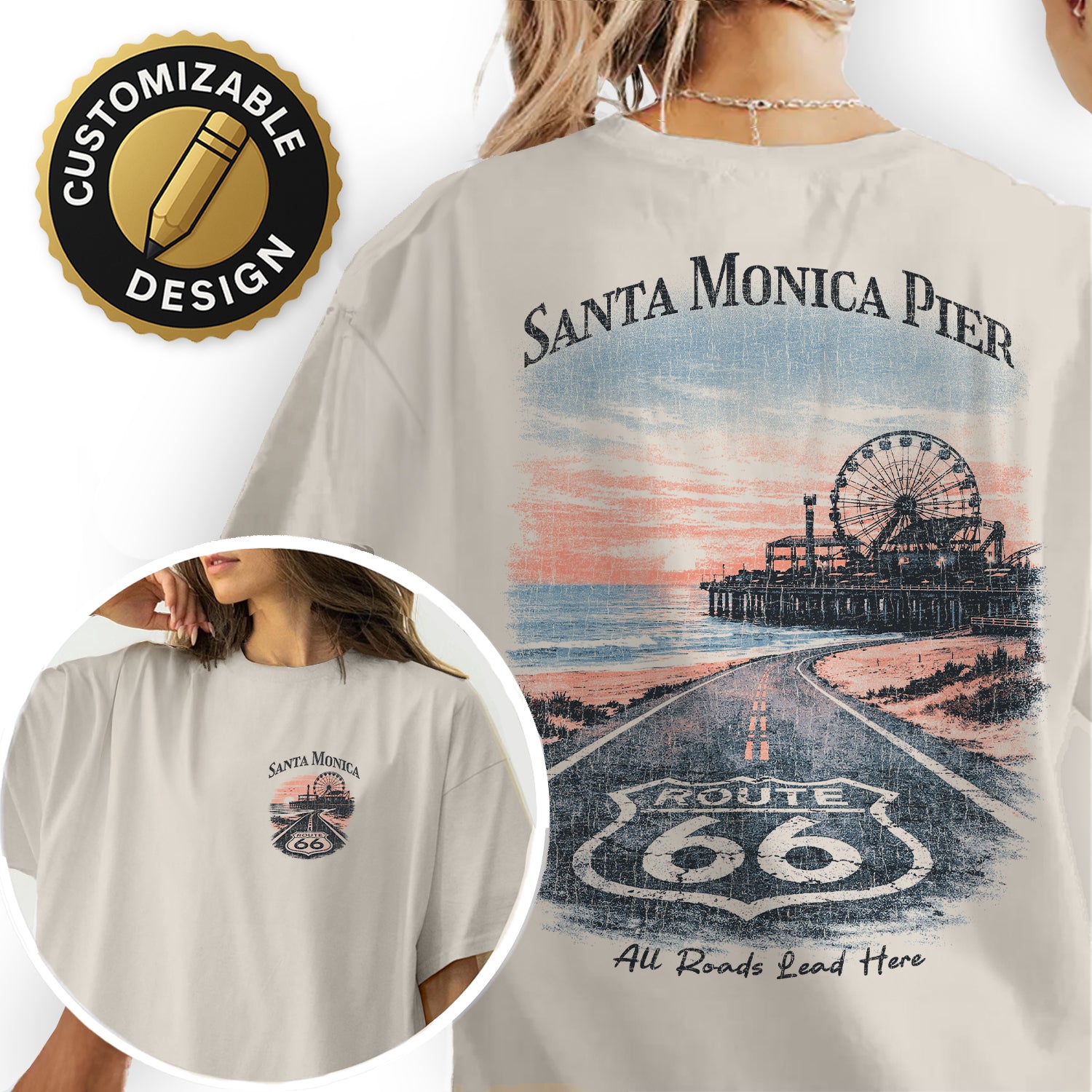 Santa Monica Pier Route 66 Shirt, California Beach Tee, Vintage Coastal T-Shirt, Retro Travel Graphic, Ocean Sunset Tee