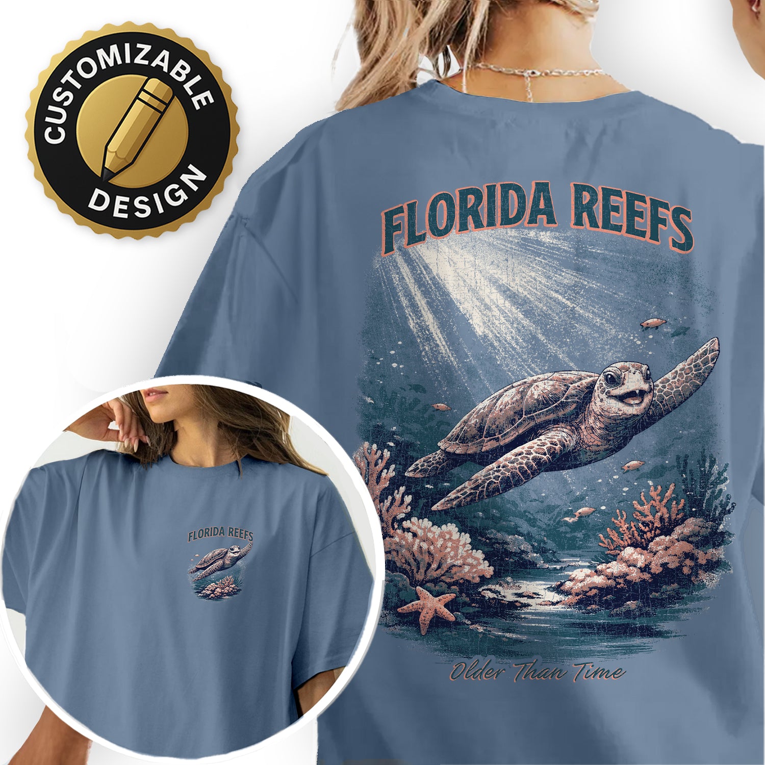 Florida Reefs Sea Turtle T-Shirt, Vintage Ocean Graphic Tee, Beach Coastal Shirt, Marine Life Summer Vacation Tee