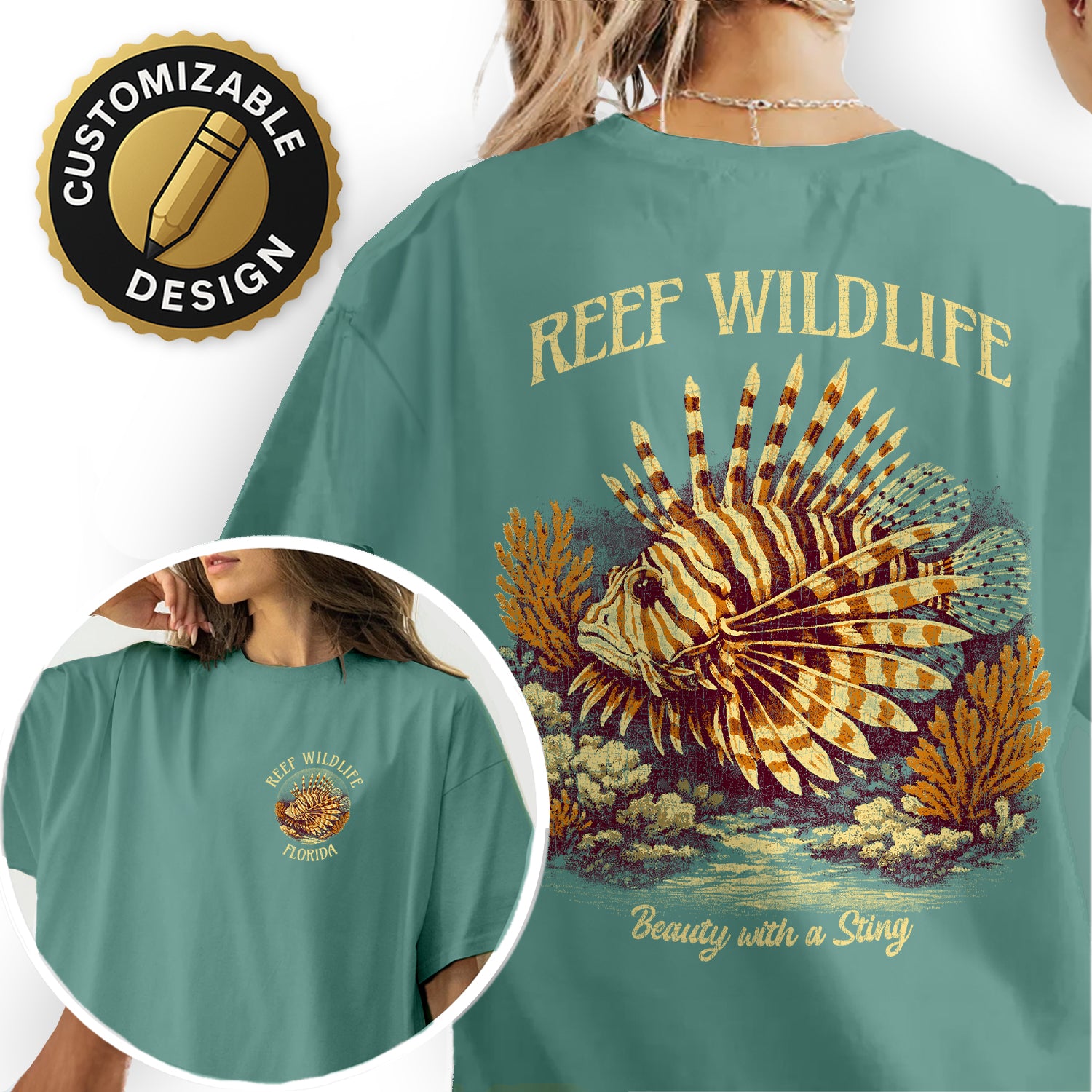 Reef Wildlife Lionfish T-Shirt Vintage Marine Life Tee Tropical Ocean Fish Graphic Coastal Beach Shirt