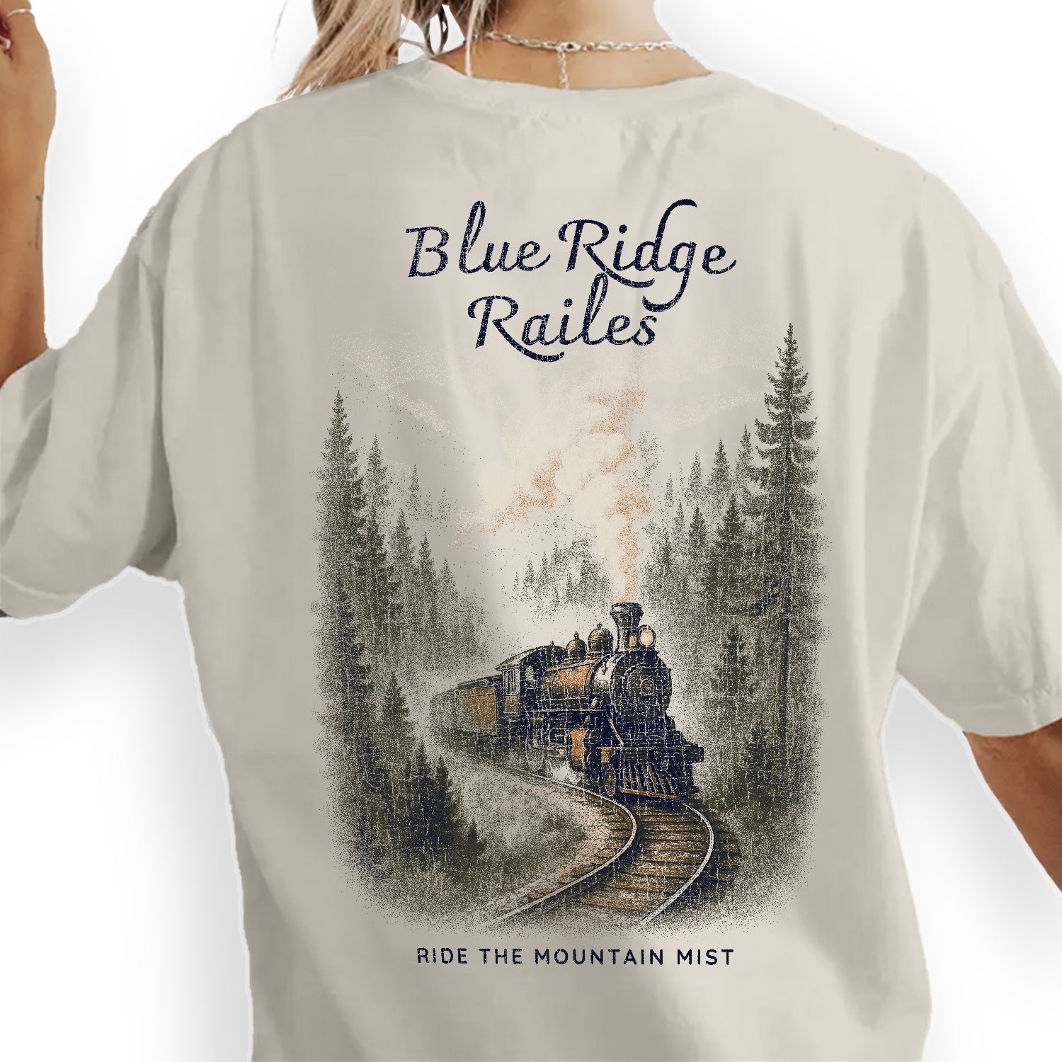Blue Ridge Rails Train T-Shirt – Vintage Mountain Railway Tee, Retro Steam Engine Graphic, Appalachian Travel Souvenir Shirt