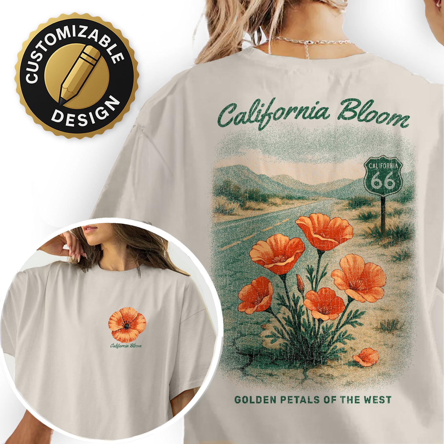 California Bloom T-Shirt, Route 66 Poppy Tee, Golden State Flower Graphic Shirt, Vintage California Souvenir Gift