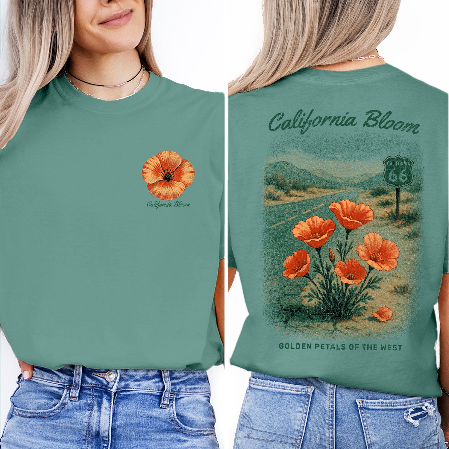 California Bloom T-Shirt, Route 66 Poppy Tee, Golden State Flower Graphic Shirt, Vintage California Souvenir Gift