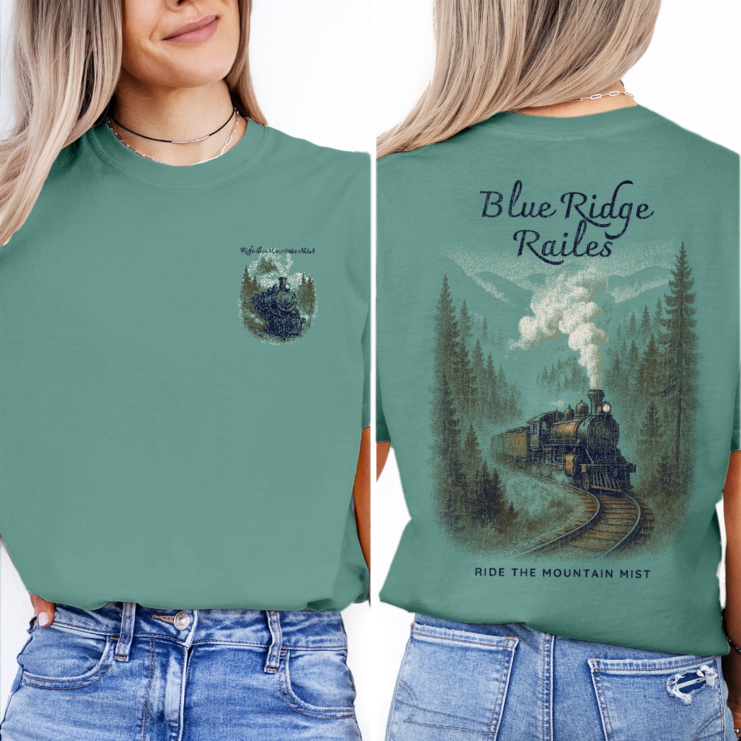 Blue Ridge Rails Train T-Shirt – Vintage Mountain Railway Tee, Retro Steam Engine Graphic, Appalachian Travel Souvenir Shirt