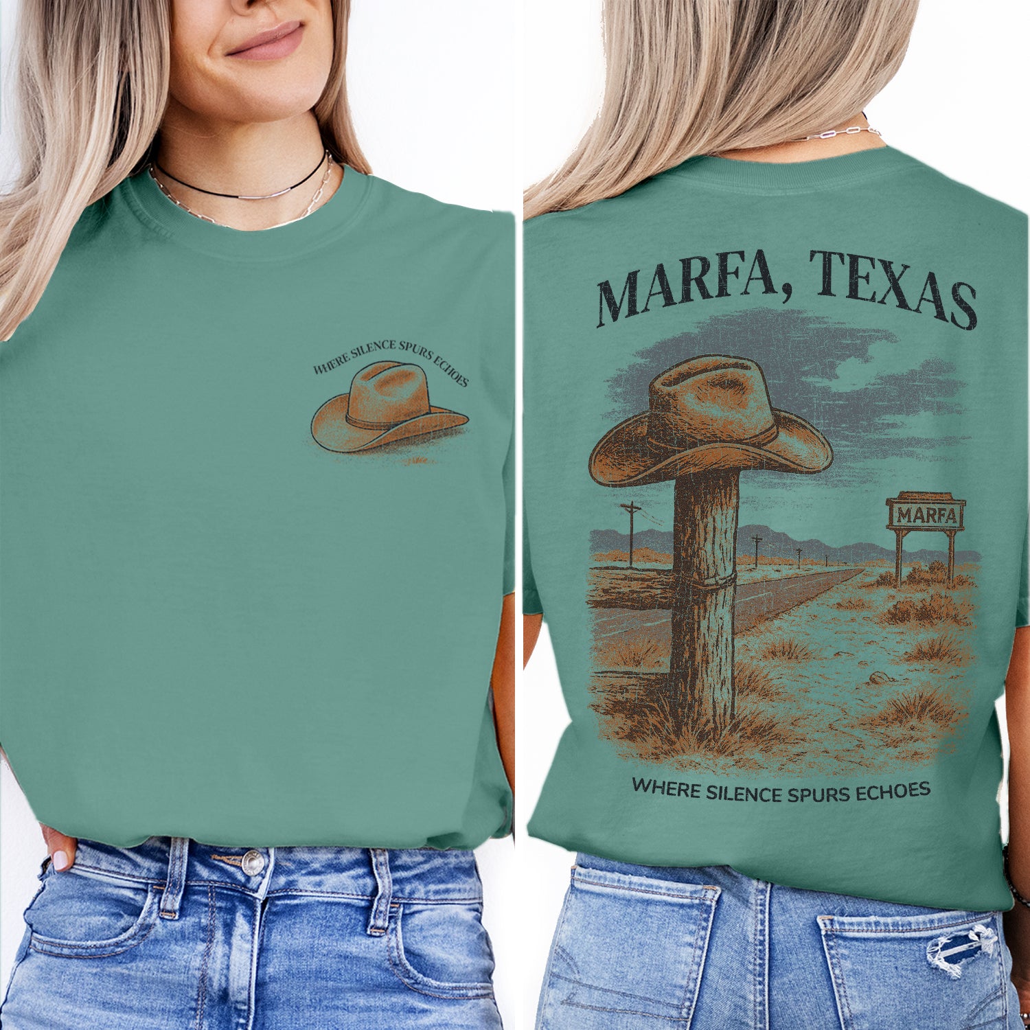 Marfa Texas Cowboy Hat T-Shirt – Western Desert Road Tee, Rustic Travel Souvenir, Texas Adventure Shirt for Travelers