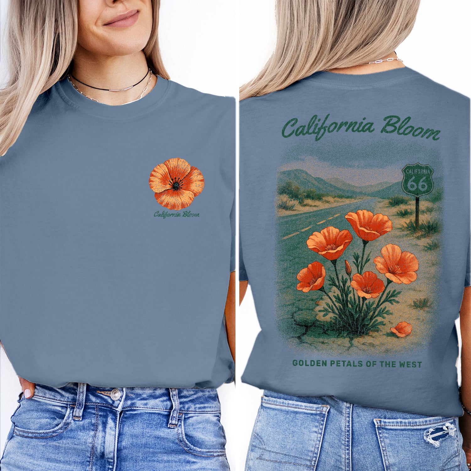 California Bloom T-Shirt, Route 66 Poppy Tee, Golden State Flower Graphic Shirt, Vintage California Souvenir Gift