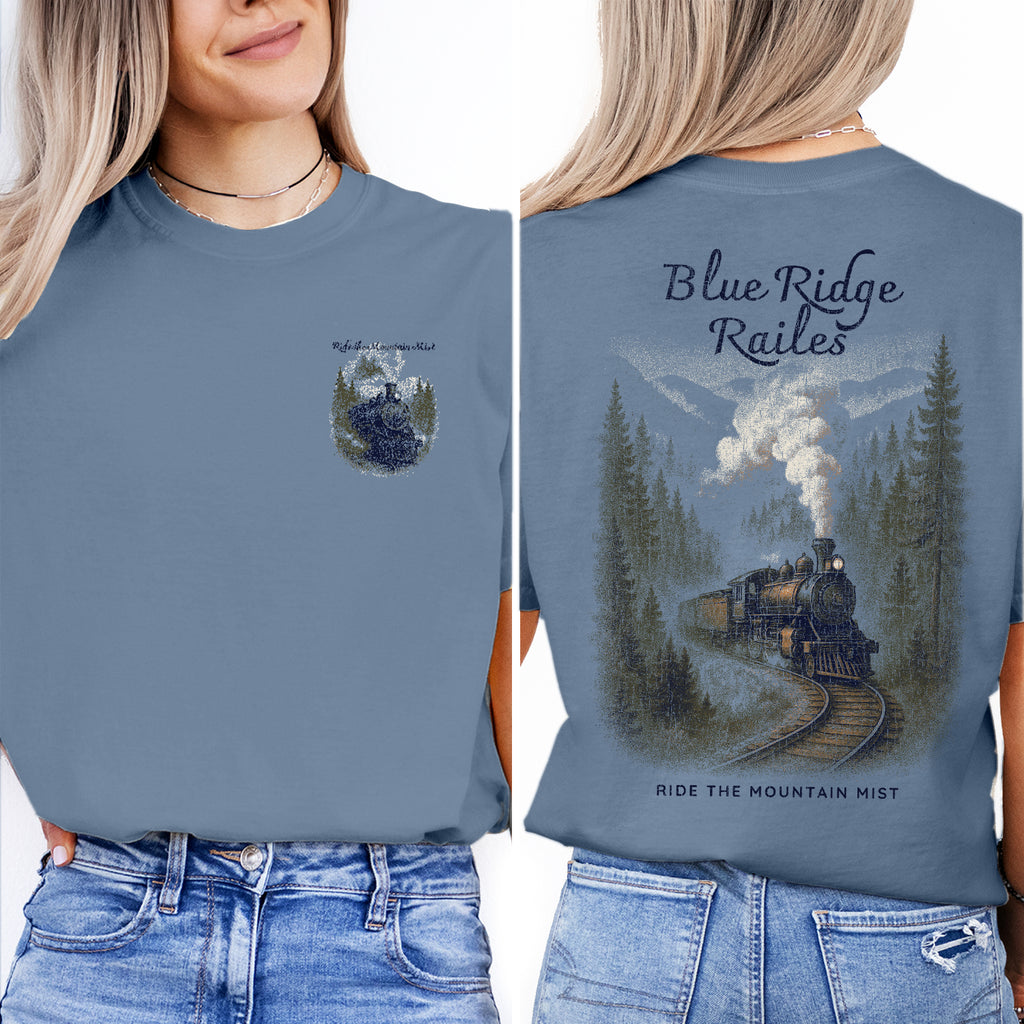 Blue Ridge Rails Train T-Shirt – Vintage Mountain Railway Tee, Retro Steam Engine Graphic, Appalachian Travel Souvenir Shirt