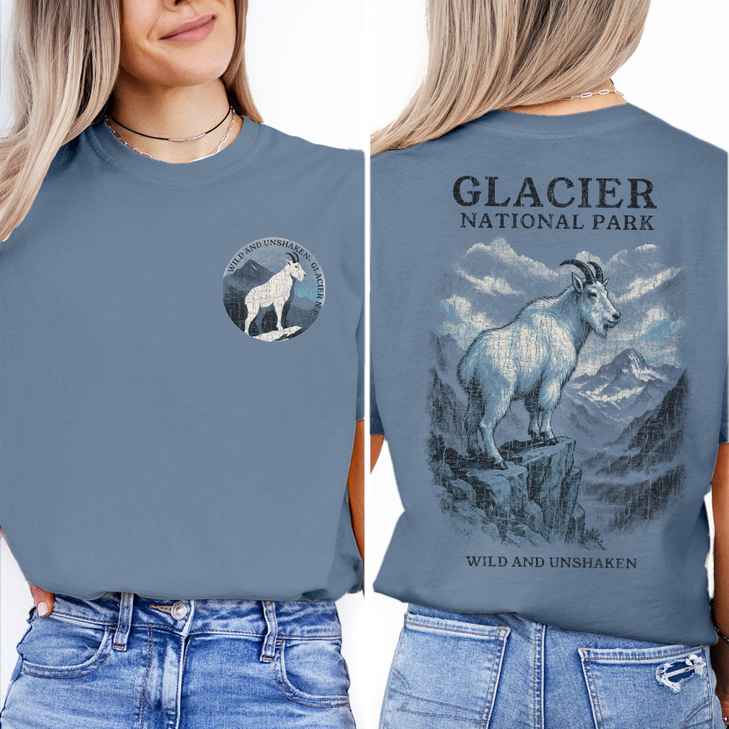 Glacier National Park Goat T-Shirt – Wild and Unshaken Mountain Tee, Nature Wildlife Souvenir Gift, Outdoor Adventure Shirt