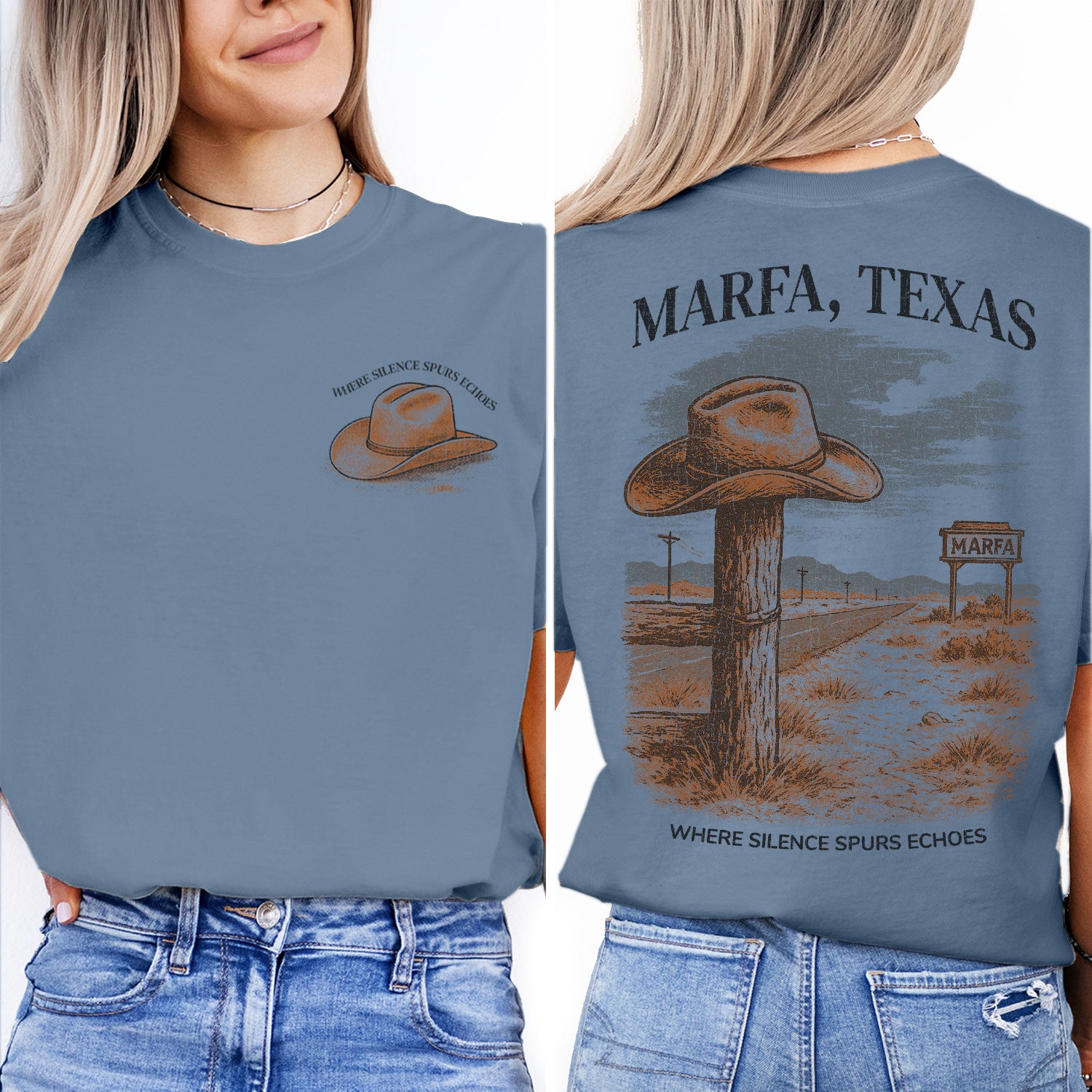 Marfa Texas Cowboy Hat T-Shirt – Western Desert Road Tee, Rustic Travel Souvenir, Texas Adventure Shirt for Travelers