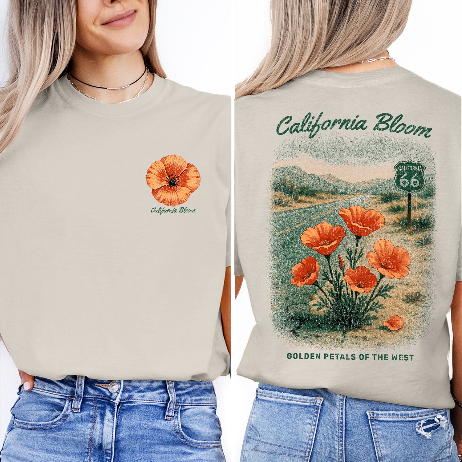 California Bloom T-Shirt, Route 66 Poppy Tee, Golden State Flower Graphic Shirt, Vintage California Souvenir Gift
