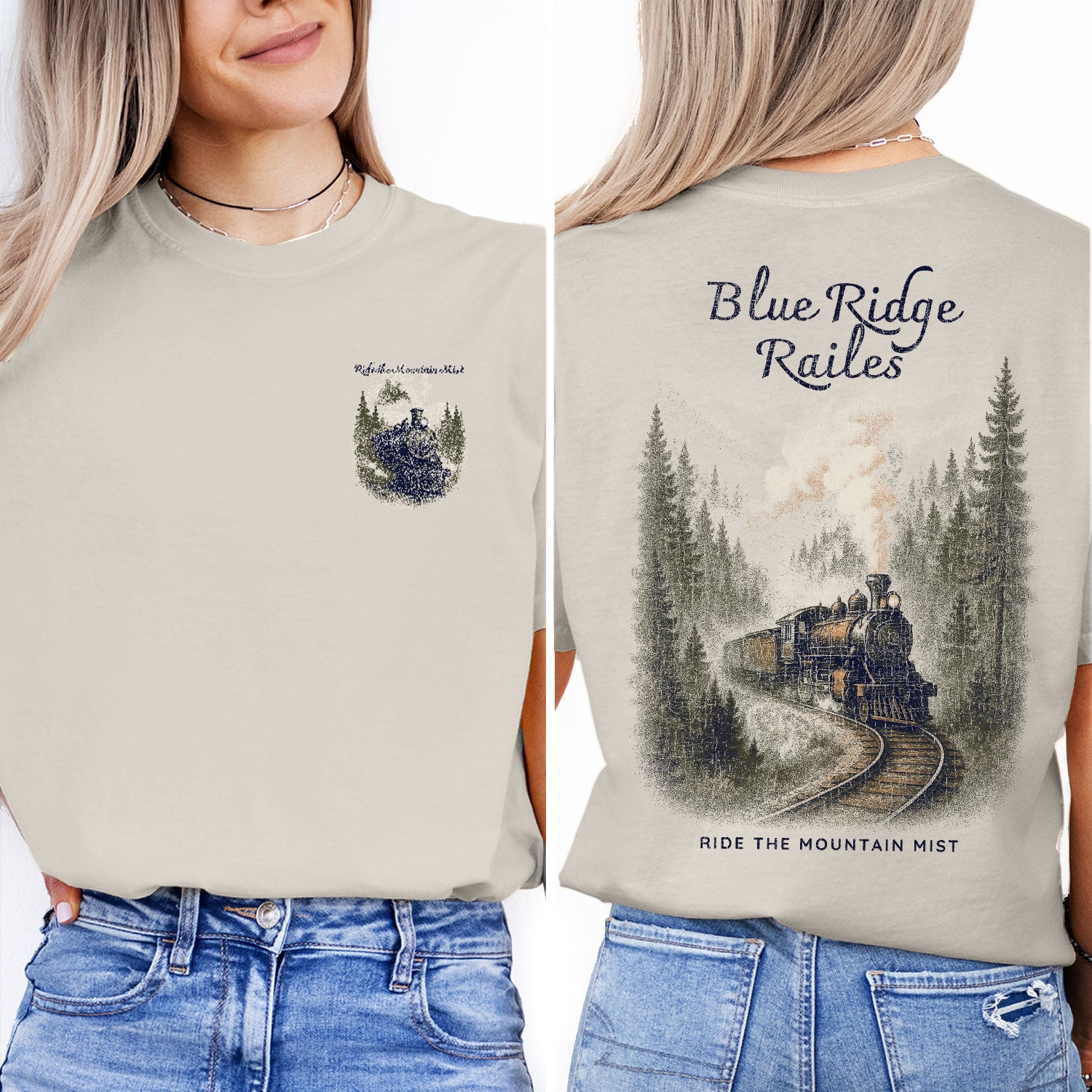 Blue Ridge Rails Train T-Shirt – Vintage Mountain Railway Tee, Retro Steam Engine Graphic, Appalachian Travel Souvenir Shirt