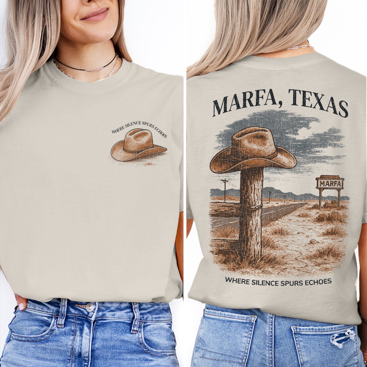 Marfa Texas Cowboy Hat T-Shirt – Western Desert Road Tee, Rustic Travel Souvenir, Texas Adventure Shirt for Travelers