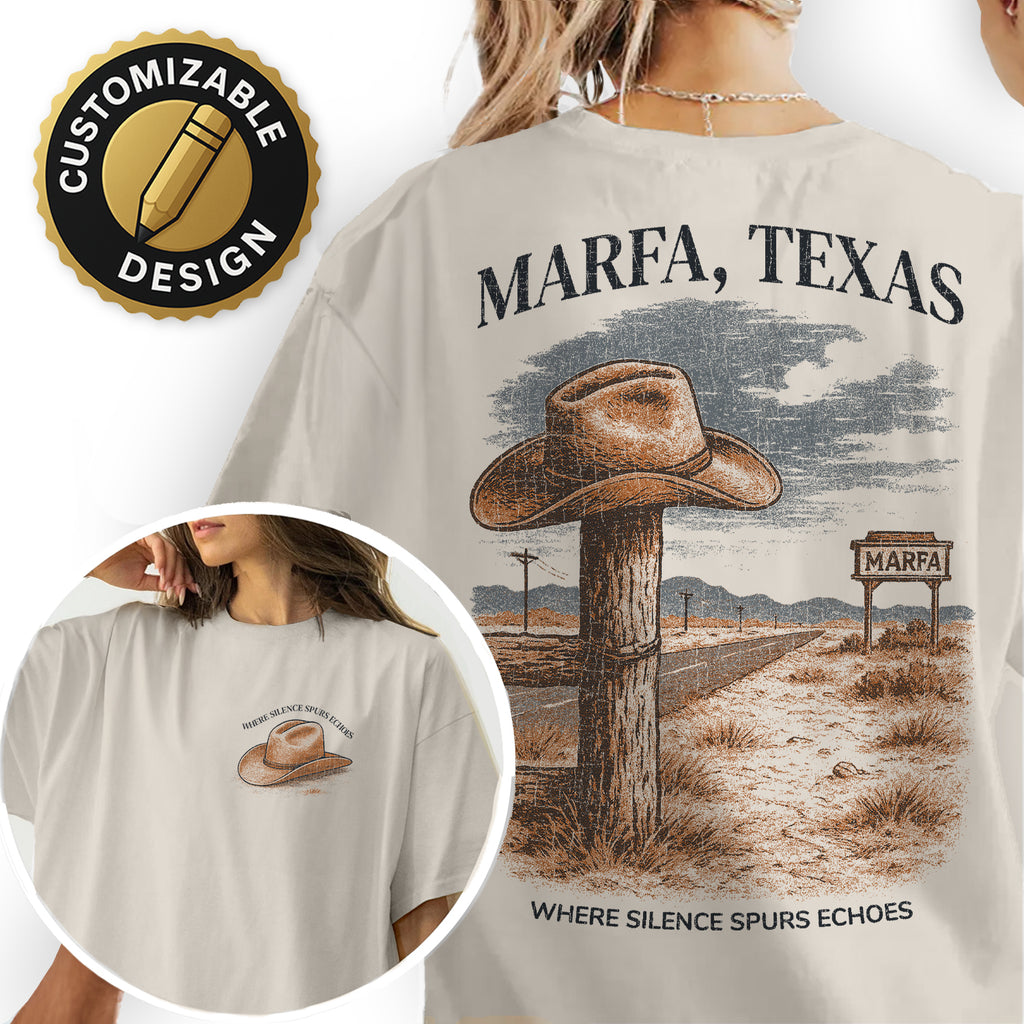 Marfa Texas Cowboy Hat T-Shirt – Western Desert Road Tee, Rustic Travel Souvenir, Texas Adventure Shirt for Travelers