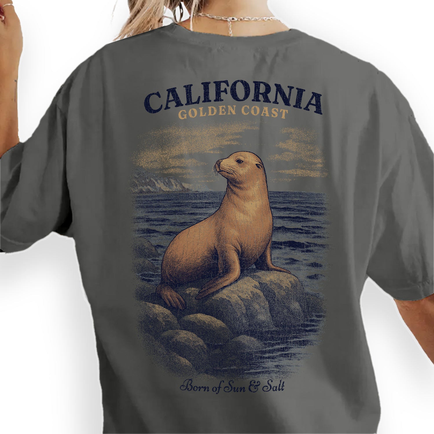 California Golden Coast Sea Lion T-Shirt – Retro Ocean Wildlife Tee, Vintage Coastal Souvenir, Born of Sun & Salt Graphic Shirt
