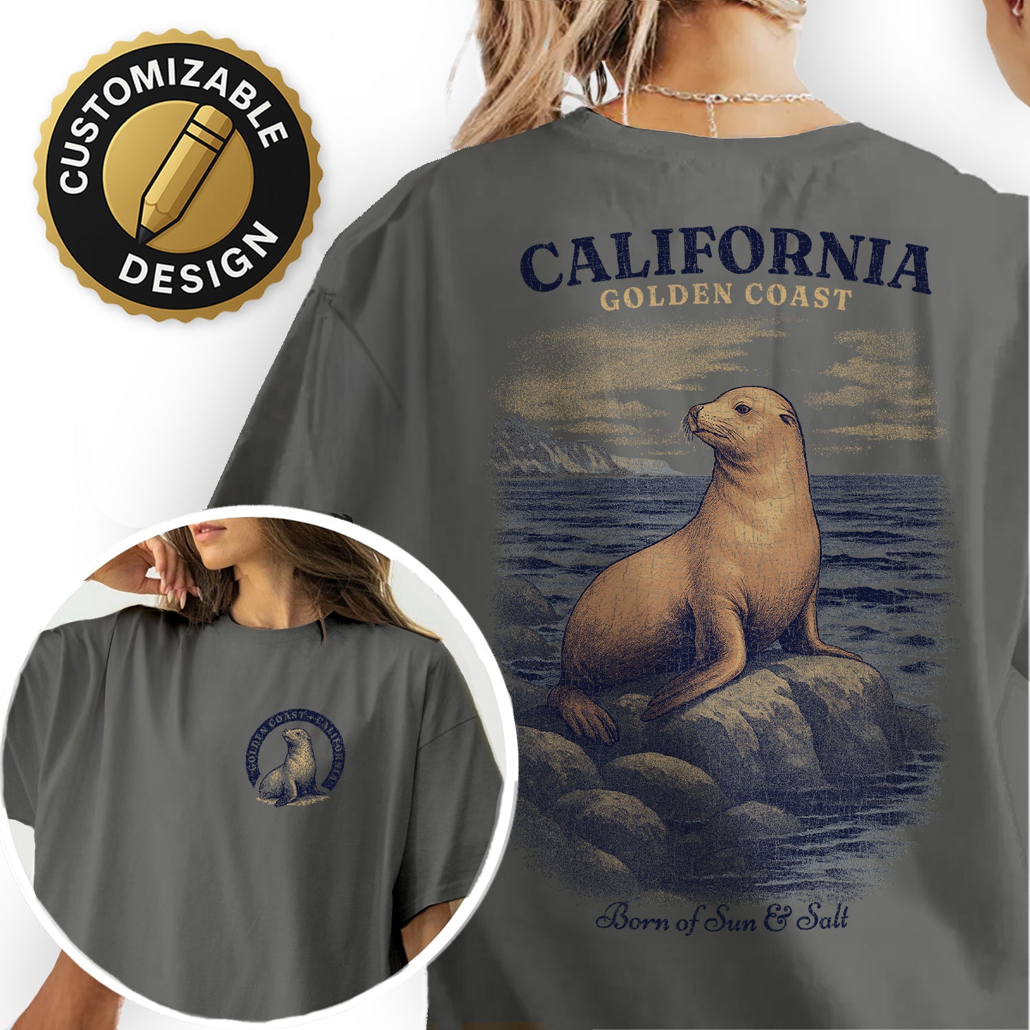 California Golden Coast Sea Lion T-Shirt – Retro Ocean Wildlife Tee, Vintage Coastal Souvenir, Born of Sun & Salt Graphic Shirt