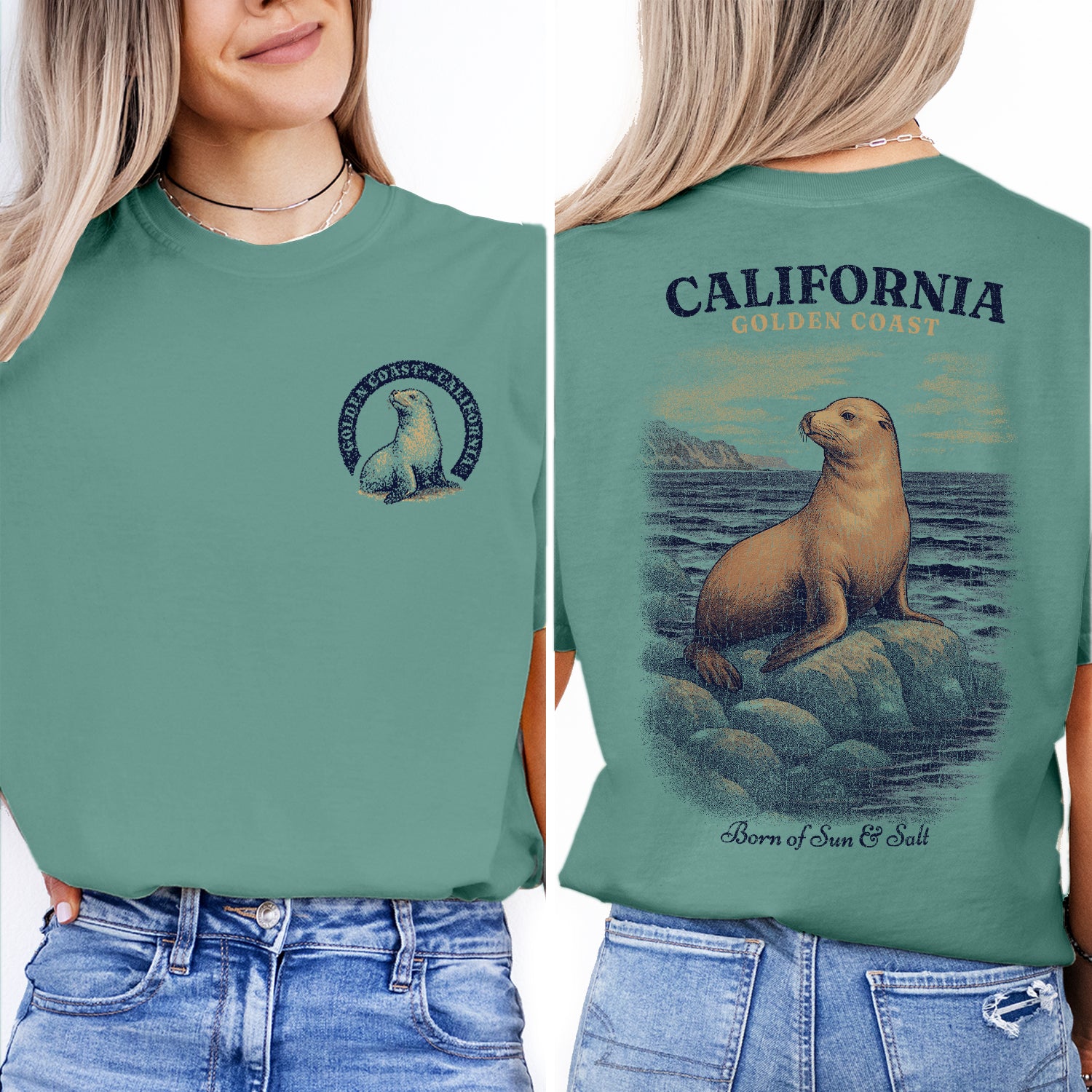 California Golden Coast Sea Lion T-Shirt – Retro Ocean Wildlife Tee, Vintage Coastal Souvenir, Born of Sun & Salt Graphic Shirt
