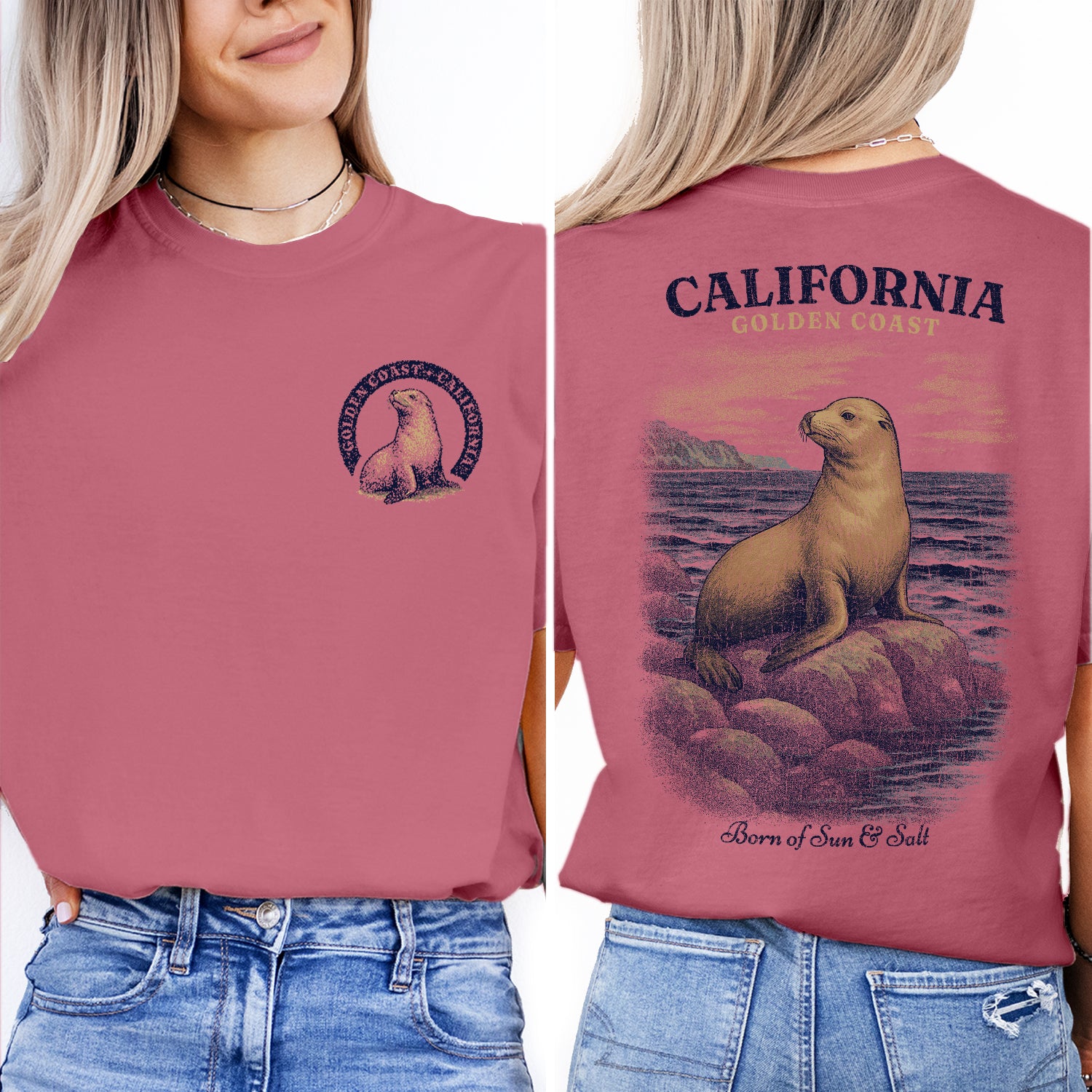 California Golden Coast Sea Lion T-Shirt – Retro Ocean Wildlife Tee, Vintage Coastal Souvenir, Born of Sun & Salt Graphic Shirt