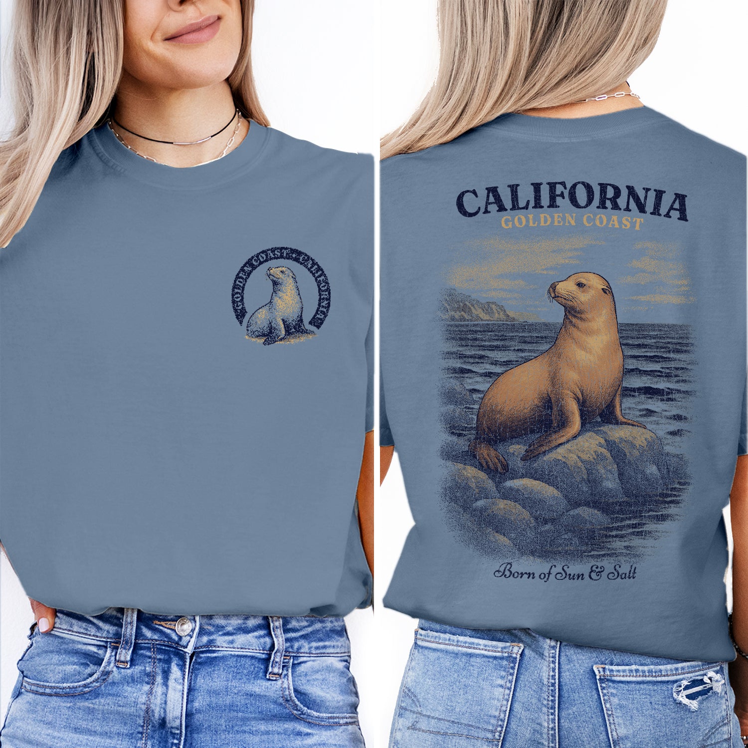 California Golden Coast Sea Lion T-Shirt – Retro Ocean Wildlife Tee, Vintage Coastal Souvenir, Born of Sun & Salt Graphic Shirt