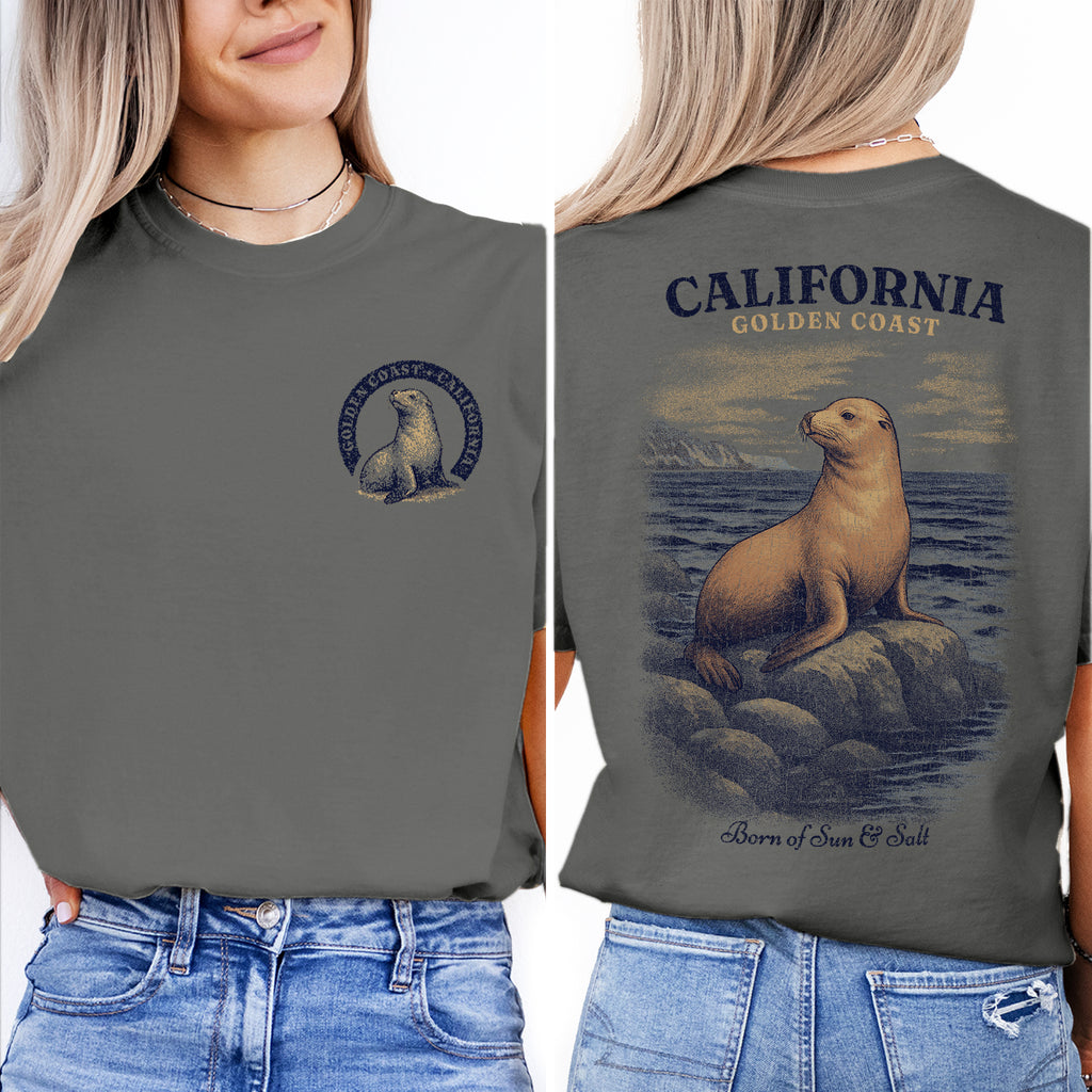 California Golden Coast Sea Lion T-Shirt – Retro Ocean Wildlife Tee, Vintage Coastal Souvenir, Born of Sun & Salt Graphic Shirt