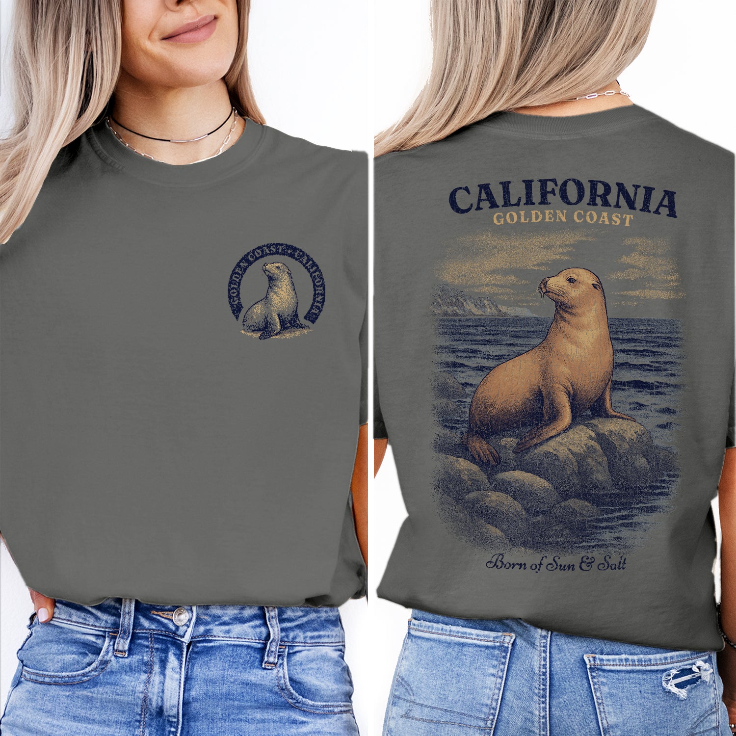 California Golden Coast Sea Lion T-Shirt – Retro Ocean Wildlife Tee, Vintage Coastal Souvenir, Born of Sun & Salt Graphic Shirt