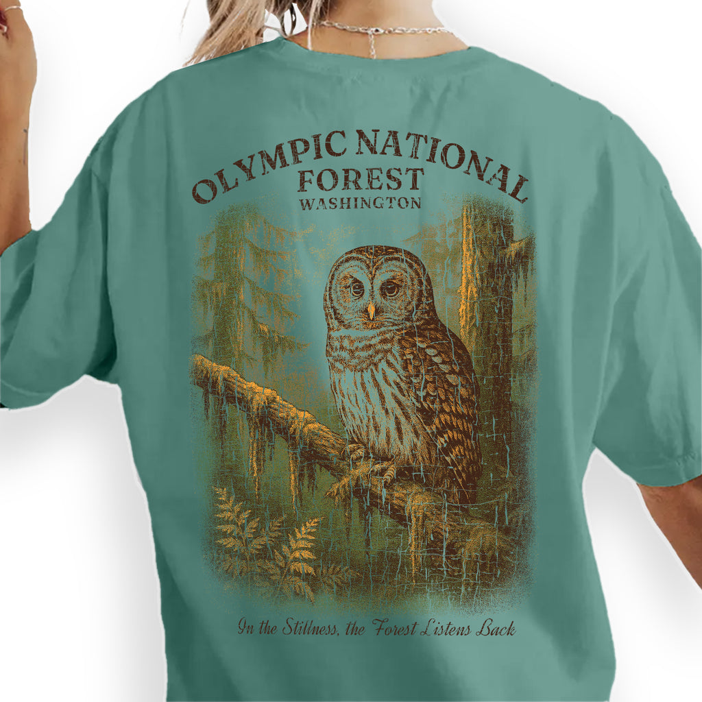 Olympic National Forest Owl T-Shirt – In the Stillness the Forest Listens Back, Nature Wildlife Souvenir Gift Tee